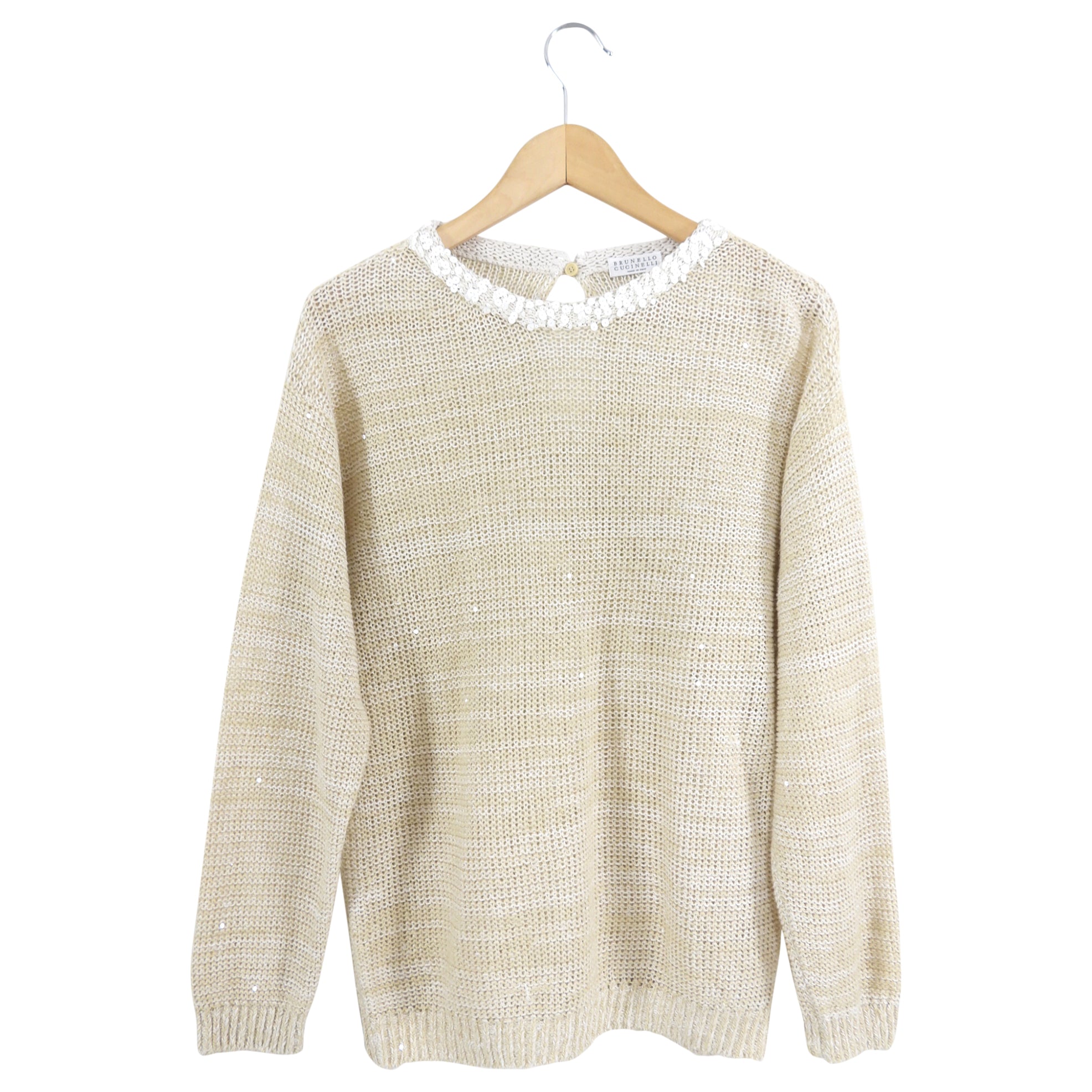 Brunello Cucinelli Beige Knit Sequin Sweater Women's Size M - Elegant Cashmere Pullover for Holiday Parties & Winter Fashion