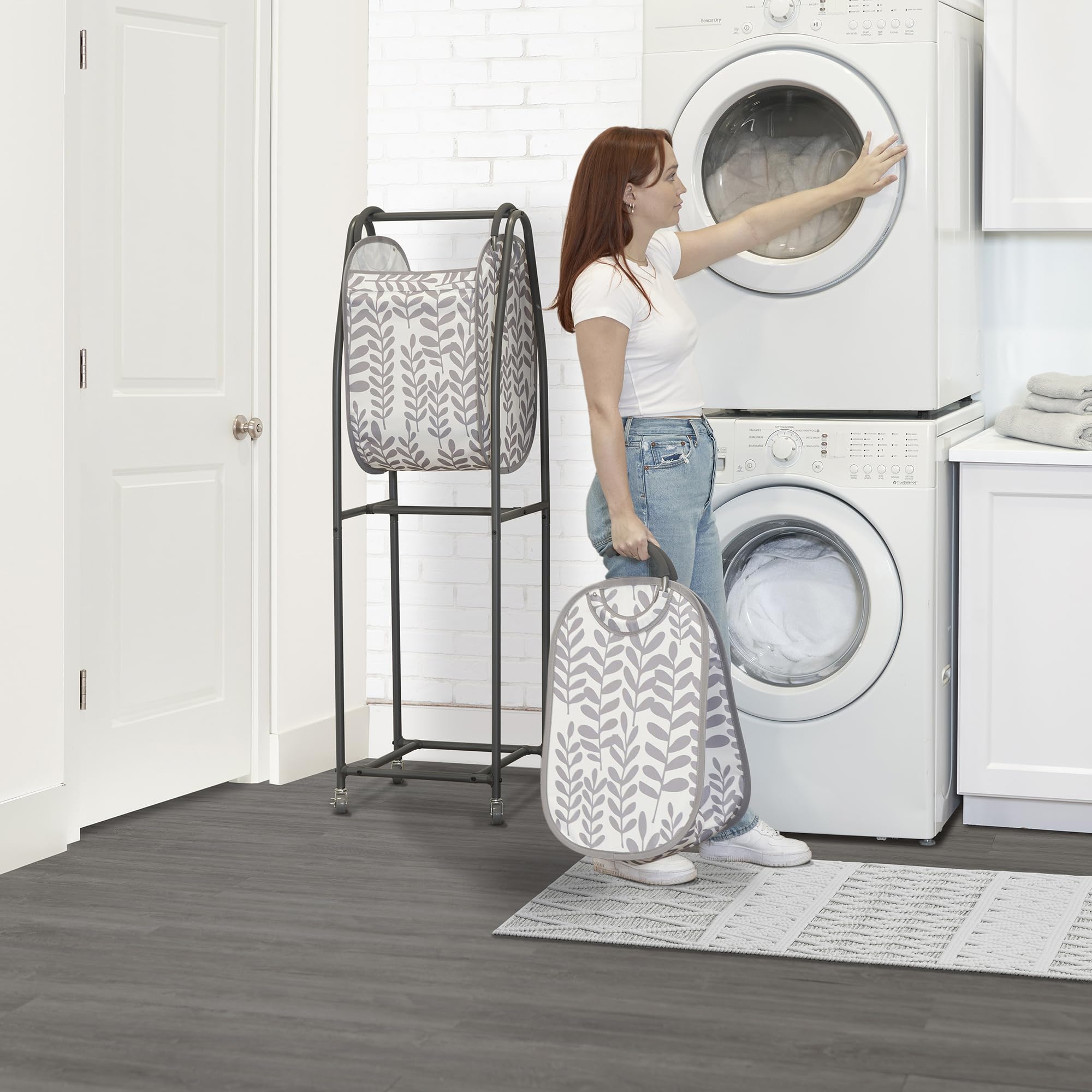 Neatfreak 2-Tier Rolling Laundry Hamper with Wheels & 2 Tote Bags - Foldable Clothes Organizer for Dirty Laundry, Towels, Blankets - Space Saving Storage Solution for Bedroom, Bathroom & Laundry Room - Modern Floral Design