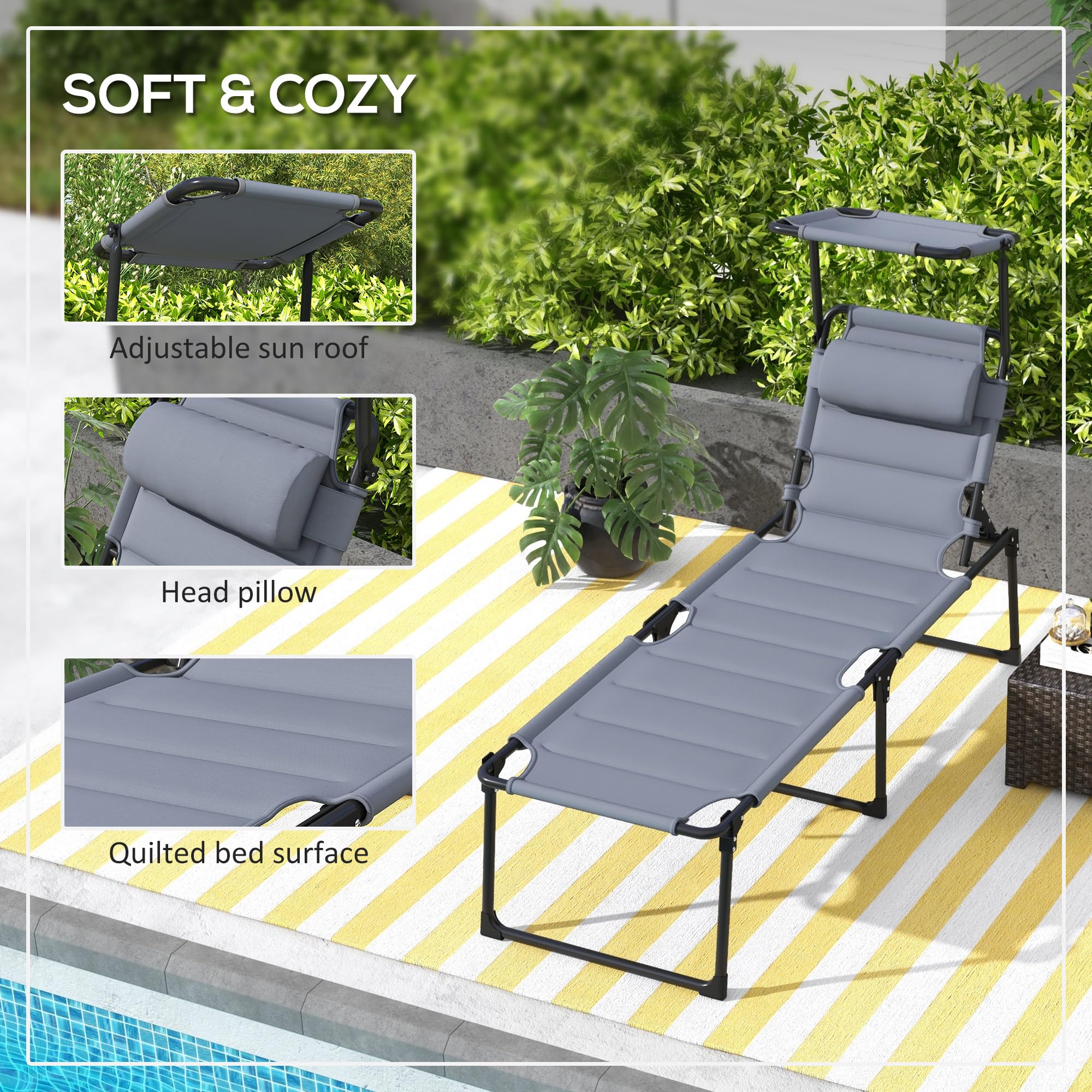 Outsunny 2-Piece Outdoor Lounge Chair Set with Adjustable Backrest - Foldable Chaise Lounge with Cushion, Sunshade Roof & Pillow Headrest - Perfect for Beach, Poolside, Camping & Backyard Relaxation (Gray)