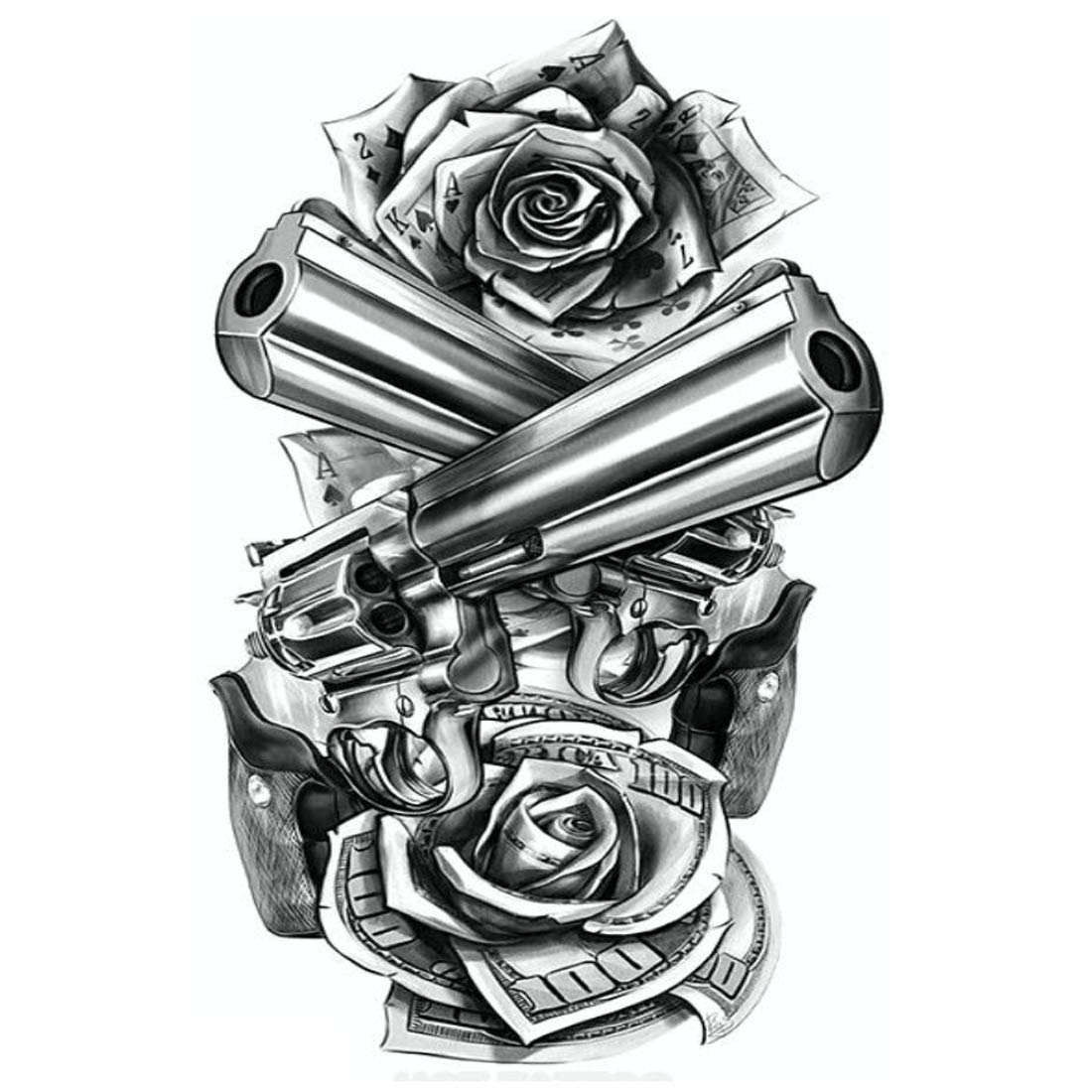 Waterproof Temporary Tattoos for Women & Men - 3D Rose & Gun Water Transfer Body Art (10.5x6cm) - Perfect for Parties, Halloween & Fashion Statements