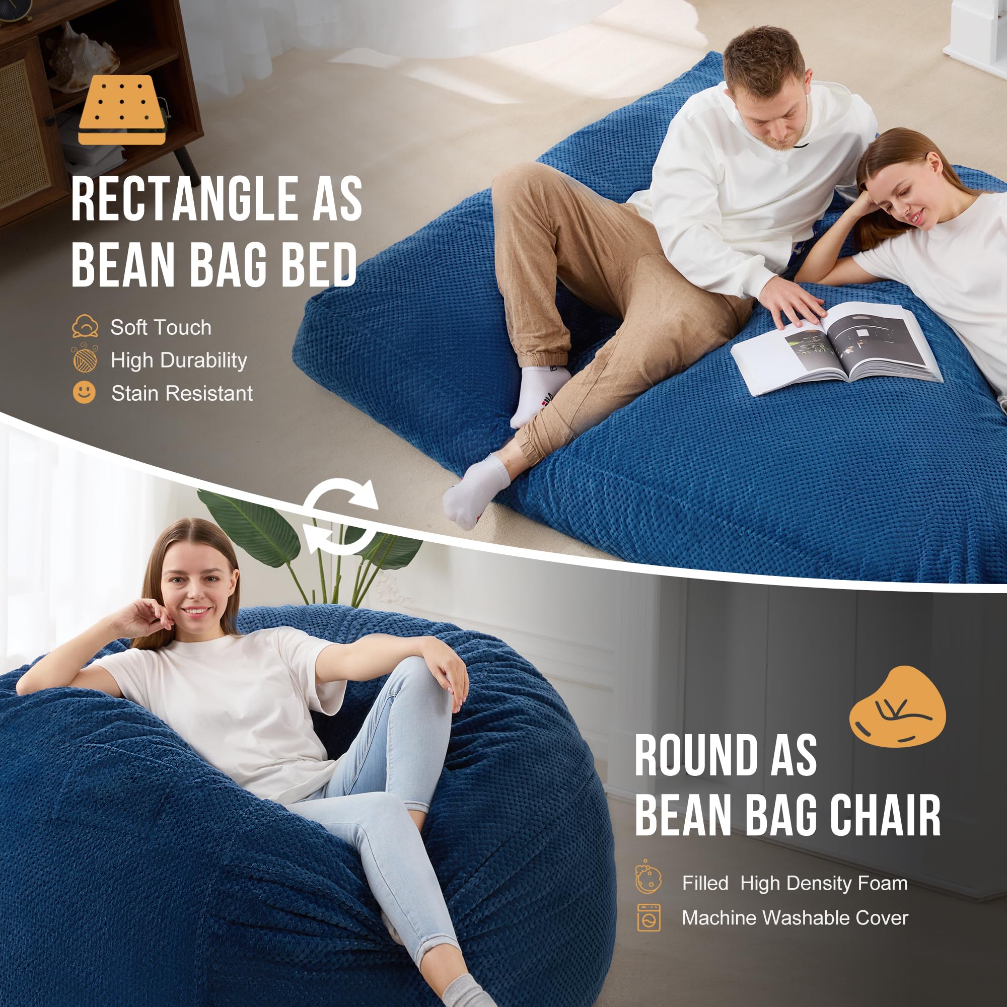 Homguava Chenille Bean Bag Chair - Convertible from Bean Bag to Mattress, Soft & Comfortable for Home, Living Room, Bedroom (Blue, Queen Size) | Perfect for Relaxing, Gaming, Reading & Small Space Living