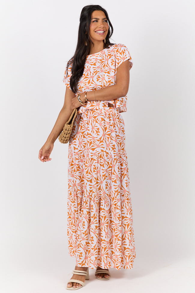 Stylish Orange Multi Floral Print Two Piece Skirt Set for Women | Casual Dinner Outfit & Summer Party Dress | Perfect for Date Nights, Brunch, and Outdoor Events