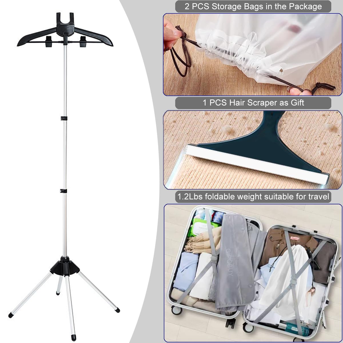 Portable Steamer Stand for Clothes - Adjustable Garment Hanger with 2 Storage Bags & Lint Remover - Perfect for Travel, RV, Home & Hotel Use - Steam Iron Rack for Wrinkle-Free Clothes Anywhere