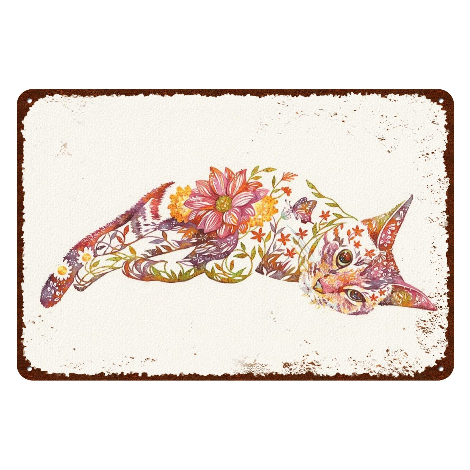 Vintage Cat Tin Sign - Watercolor Cat Wall Art with Grass Flower Butterfly - Retro Metal Wall Decor for Home, Kitchen, Cafe & Office - Unique Vintage Decorative Sign for Cat Lovers
