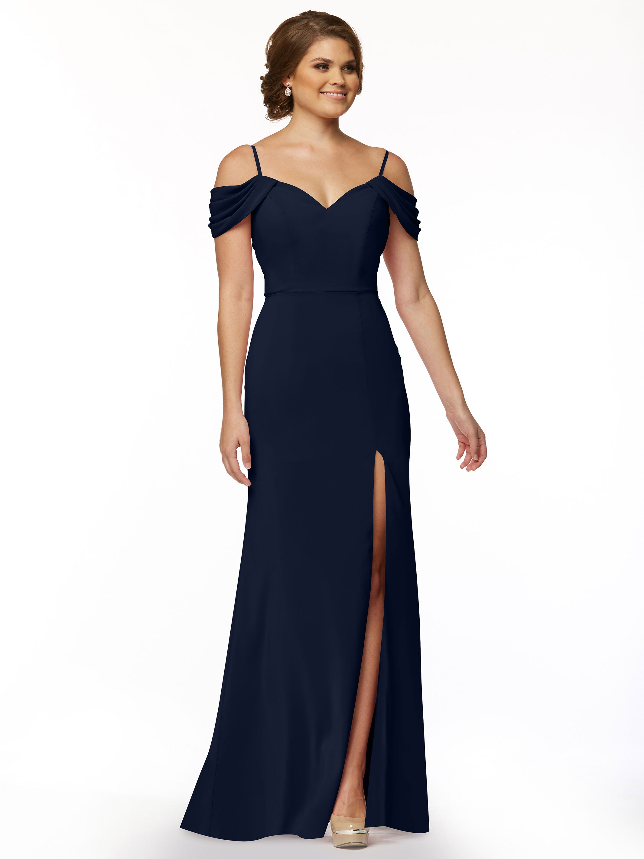 Elegant 83029 Fitted Stretch Chiffon Off-The-Shoulder Bridesmaid Dress with High Slit - Perfect for Weddings, Prom & Formal Events