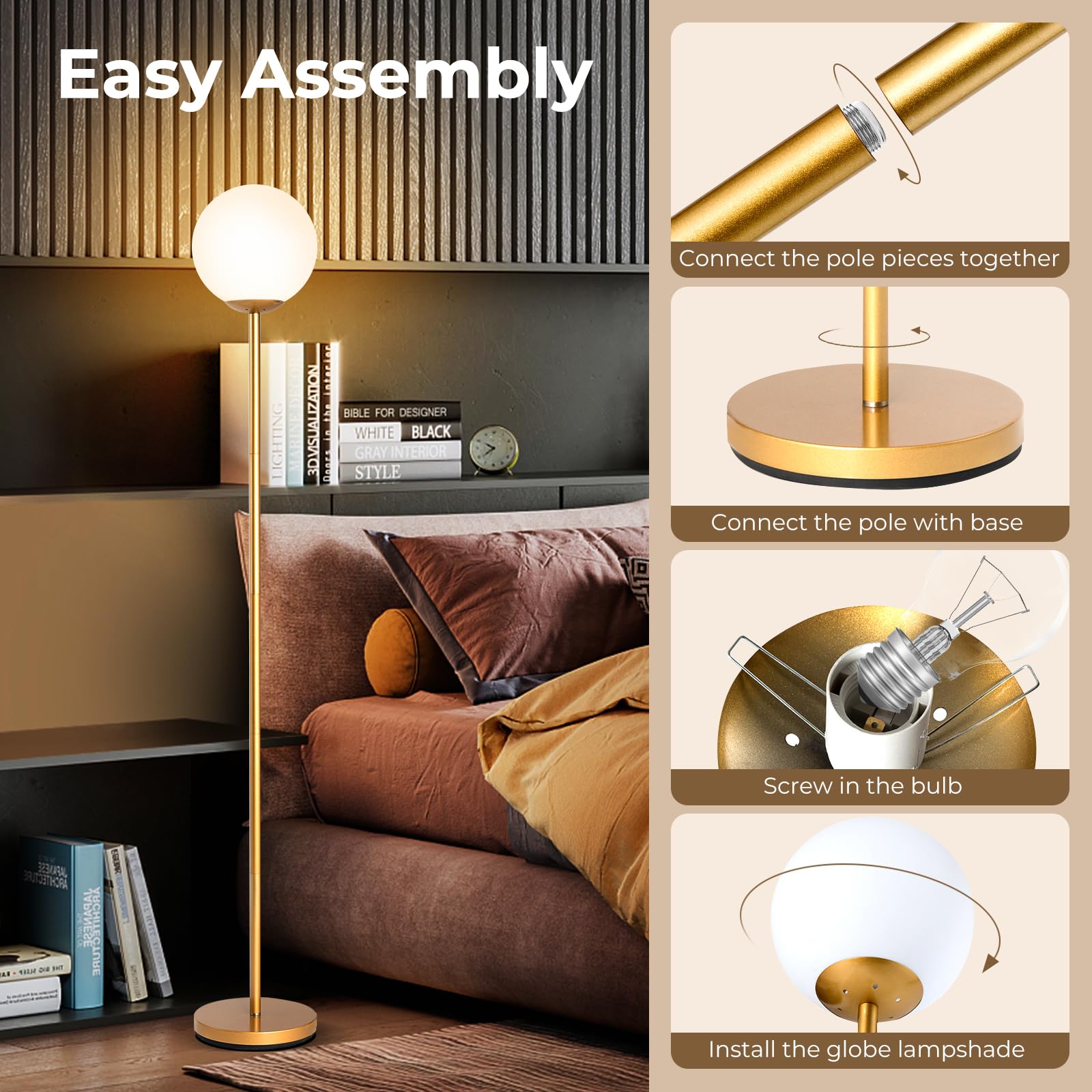 Tangkula Mid Century Modern Globe Floor Lamp - Gold Standing Light with Glass Shade for Living Room, Bedroom & Office - Tall Pole Light for Reading Nook, Lounge Area & Workspace (1-Globe)