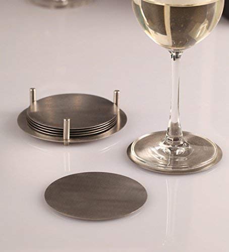 Homz Stainless Steel Round Coaster Set with Stand - 6-Piece Matte Finish Drink Coasters for Coffee, Tea, Wine & Beer - Durable Table Protectors for Dining Room, Bar, Office & Home Decor