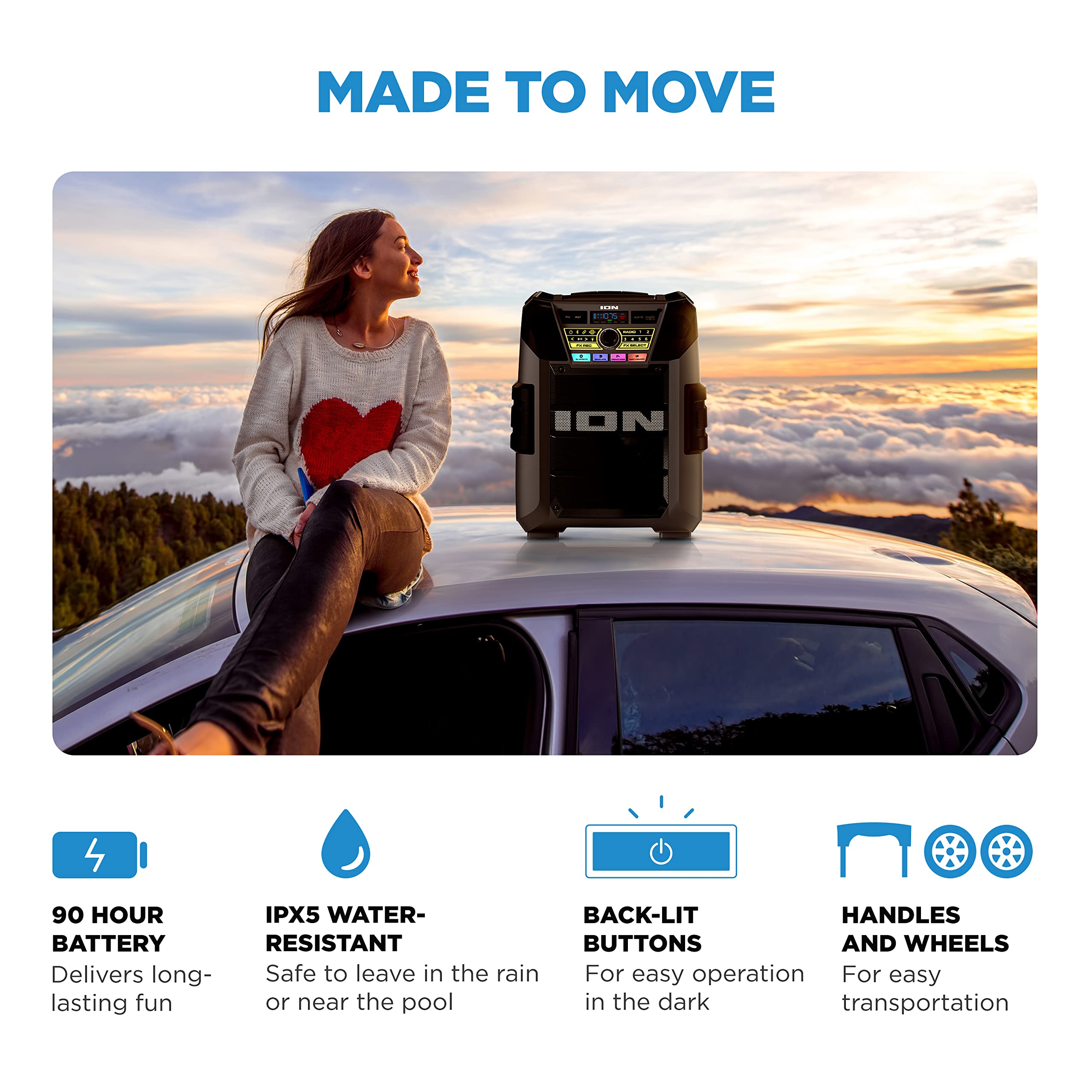 ION Block Rocker XL - 220W Portable Bluetooth Party Speaker with Karaoke Mic, Rechargeable Battery, 5 Speakers, LED Lights, FM Radio, USB Charging & App - Perfect for Outdoor Events, Beach Parties, Backyard BBQs and Tailgating
