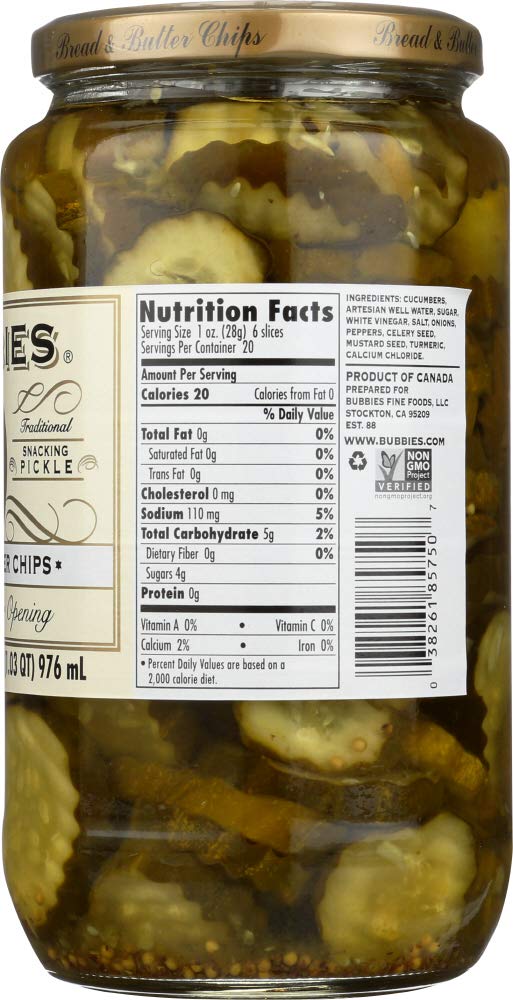 Bubbies Bread & Butter Pickle Chips 33 Oz - Crunchy Sweet & Tangy Pickles for Sandwiches, Burgers & Snacking - Pack of 1