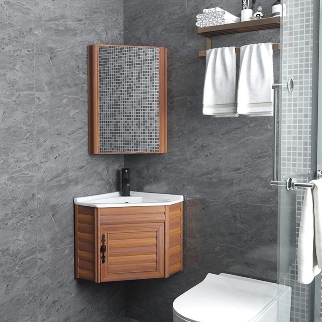 Triangular Wall Mirror Cabinet with 2-Tier Storage - Space Saving Corner Bathroom Vanity (60x32x44.5cm, Wood Finish) - Perfect for Small Bathrooms, Powder Rooms & Compact Spaces