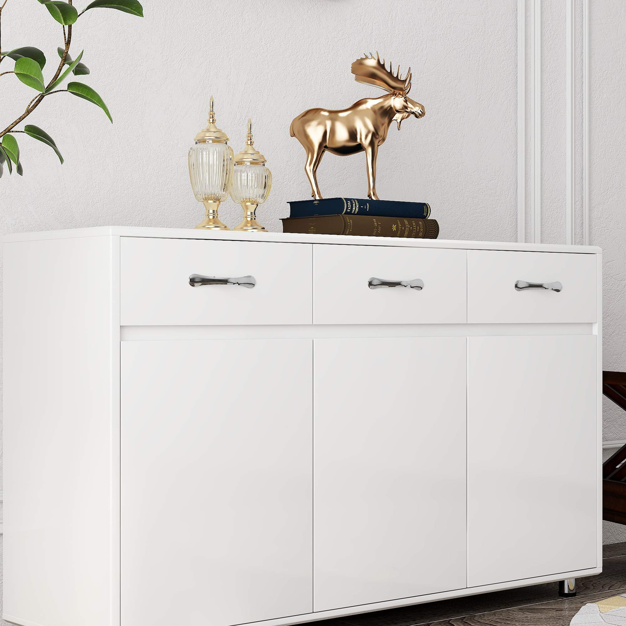 Modern White Wood Buffet Sideboard with 3 Drawers & 3 Doors - Kitchen Storage Cabinet, Entryway Console Table for Dining Room & Living Room - Perfect for Home Organization & Entertaining Guests