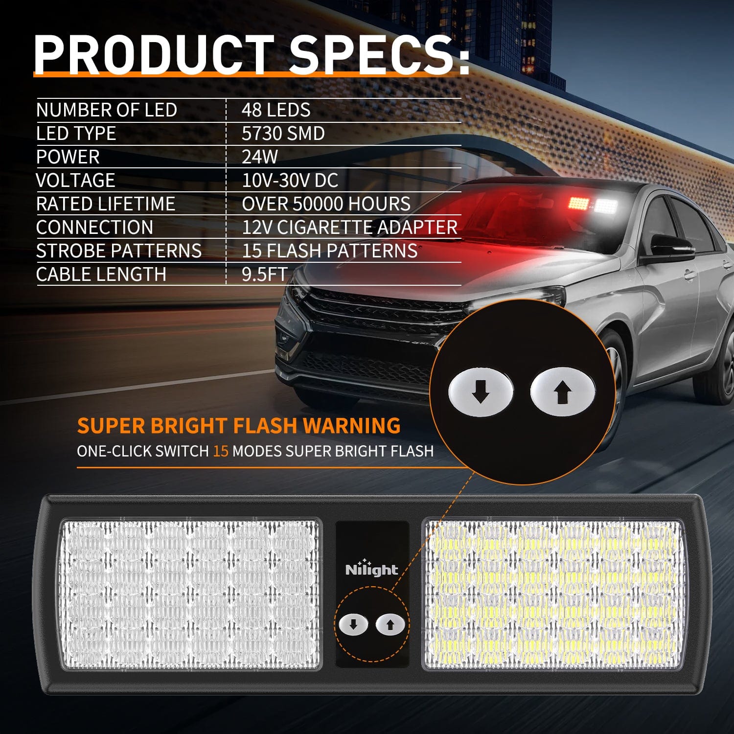 48 LED Red & White Emergency Strobe Warning Lights - High Visibility Safety Beacon for Vehicles, Trucks, Construction Sites & Emergency Response