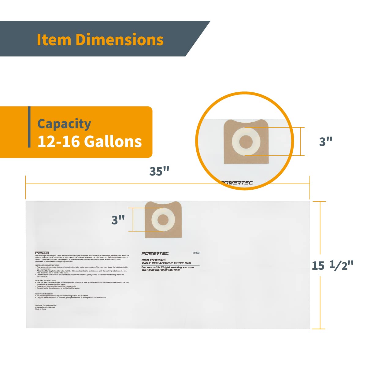 POWERTEC 23743 VF3502 Size A Shop Vacuum Bags - 10 Pack for Ridgid 12-16 Gallon Wet/Dry Vacuums (HD1200, HD1400, 75002-P5V) | Heavy Duty Dust Collection for Woodworking, Construction & Home Cleaning