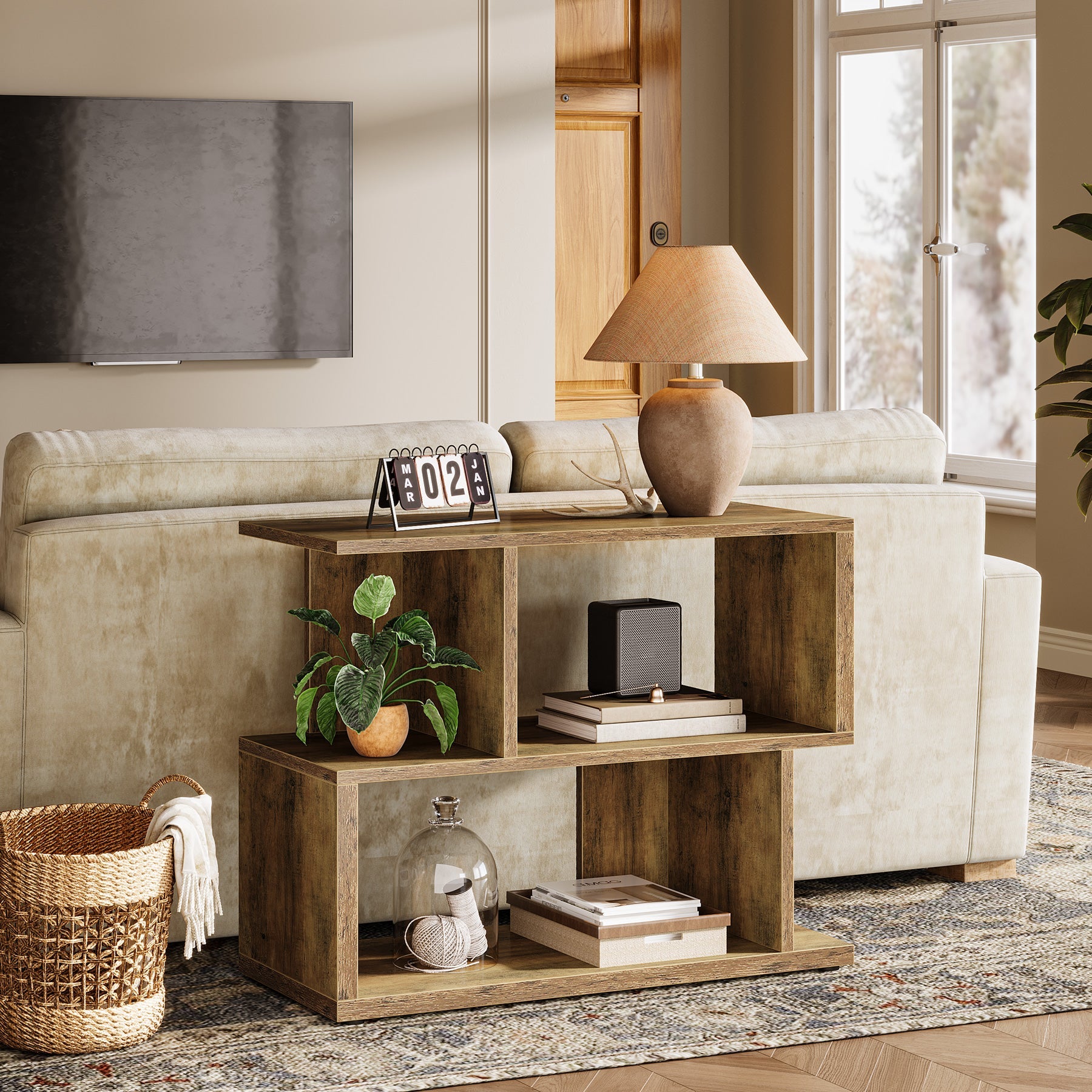 2 Tier End Table with Storage Cube - 31.5 Inch Modern Side Table for Living Room, Bedroom | Space-Saving Nightstand with Shelves for Home Decor & Organization