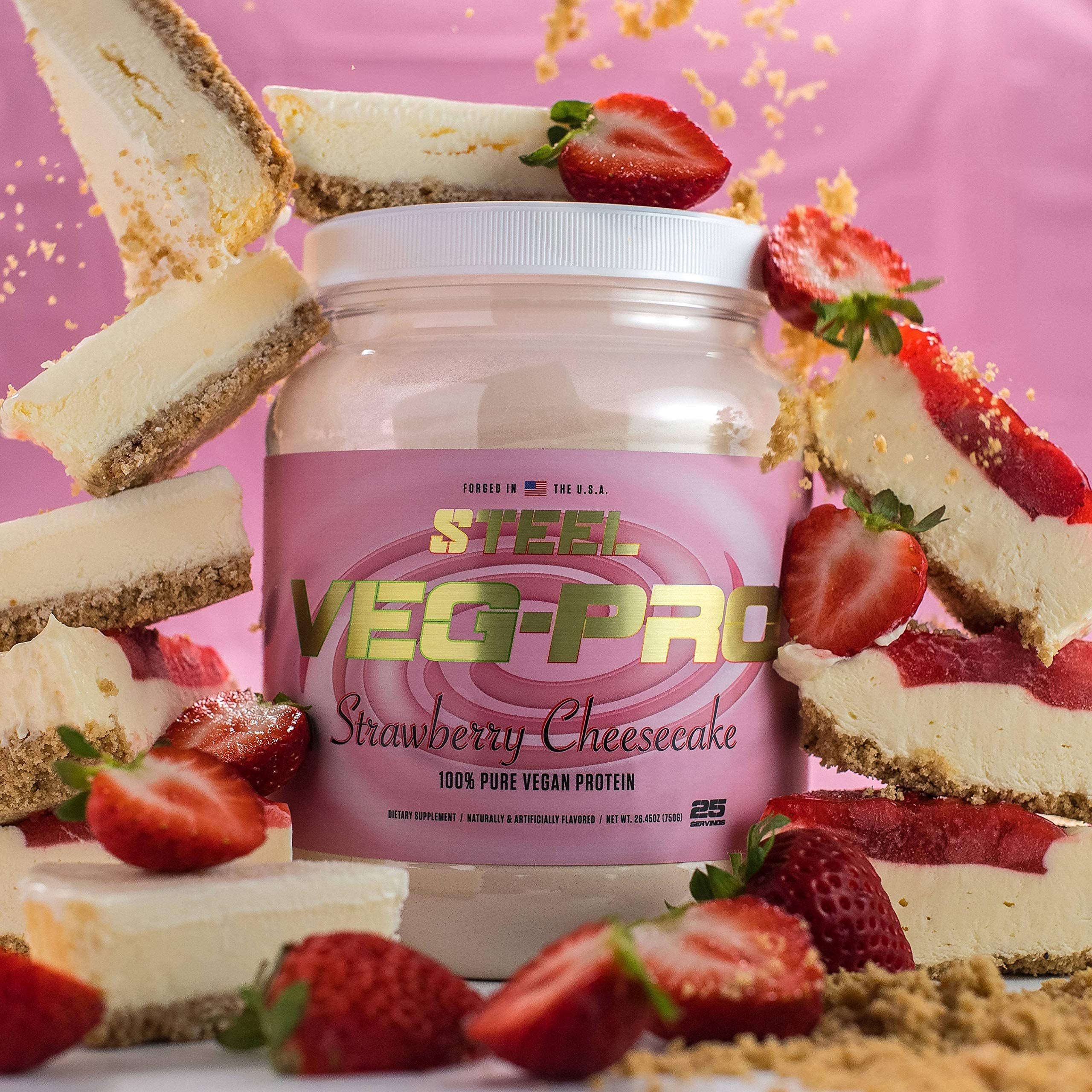 Steel Supplements Veg-PRO Vegan Protein Powder - Strawberry Cheesecake Flavor | 25 Servings (1.65lbs) | Organic Plant-Based Protein with BCAA Amino Acids | Gluten Free, Dairy Free, Low Carb Formula | Perfect for Post-Workout Recovery & Muscle Building