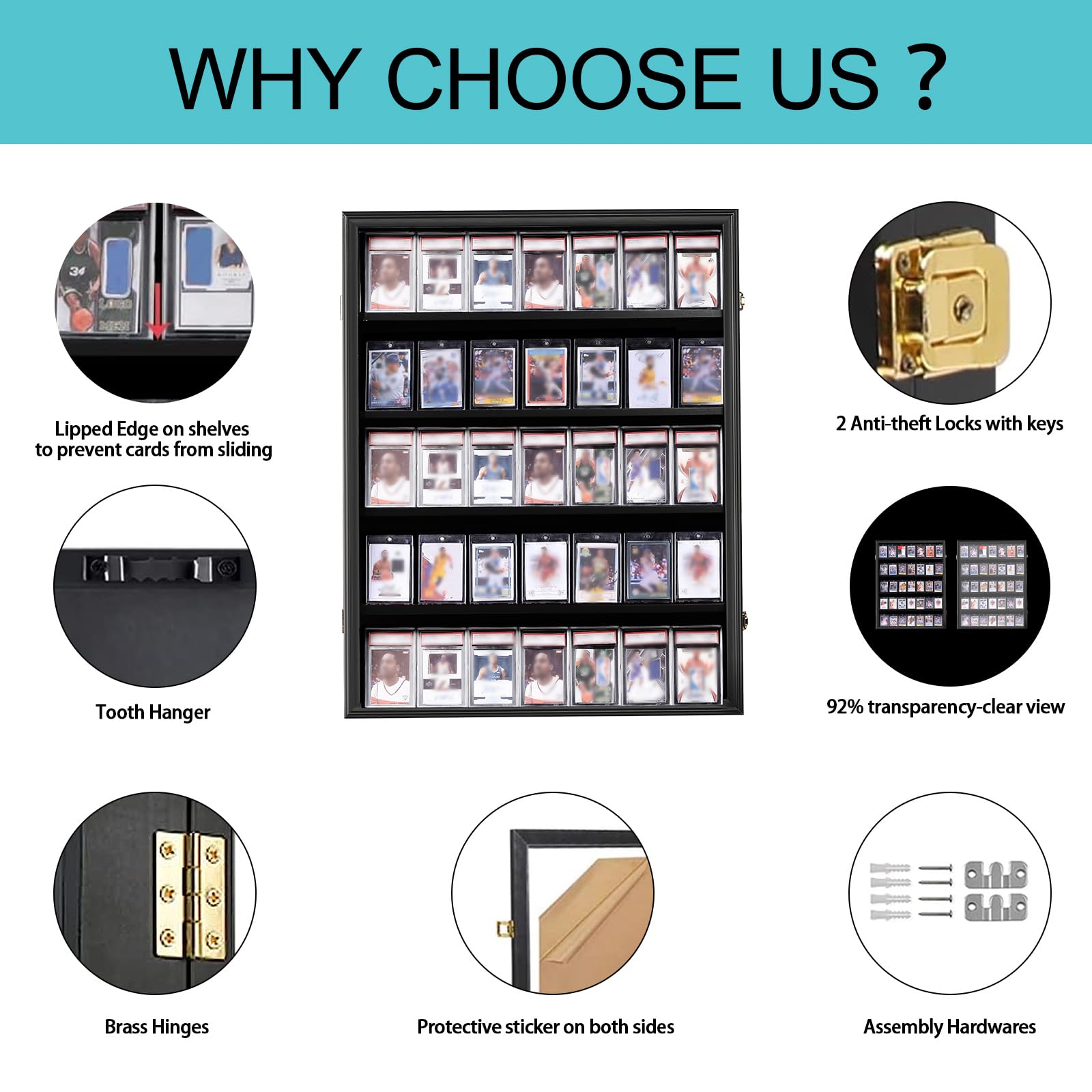 IHEIPYE 35 Baseball Card Display Case - Lockable Wall Mount Trading Card Frame with UV Protection Acrylic - Perfect for Displaying Graded Sports Cards (Baseball, Basketball, Football, Hockey) - Ideal for Home, Office, or Sports Memorabilia Collections