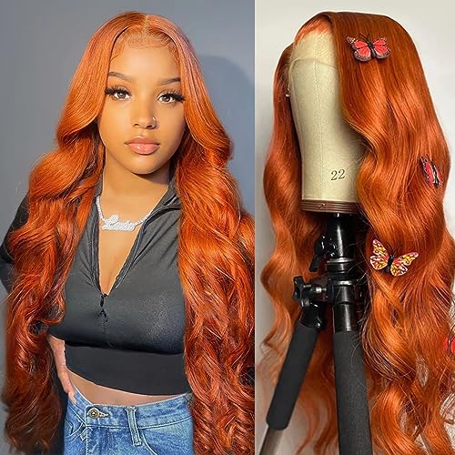 KLAIYI 14 Inch Ginger Orange Body Wave Lace Front Wig - 150% Density Human Hair with HD Transparent Lace & Baby Hair | Glueless Virgin Hair Wig for Black Women (88J Burnt Orange) | Perfect for Daily Wear, Parties, Cosplay & Special Occasions