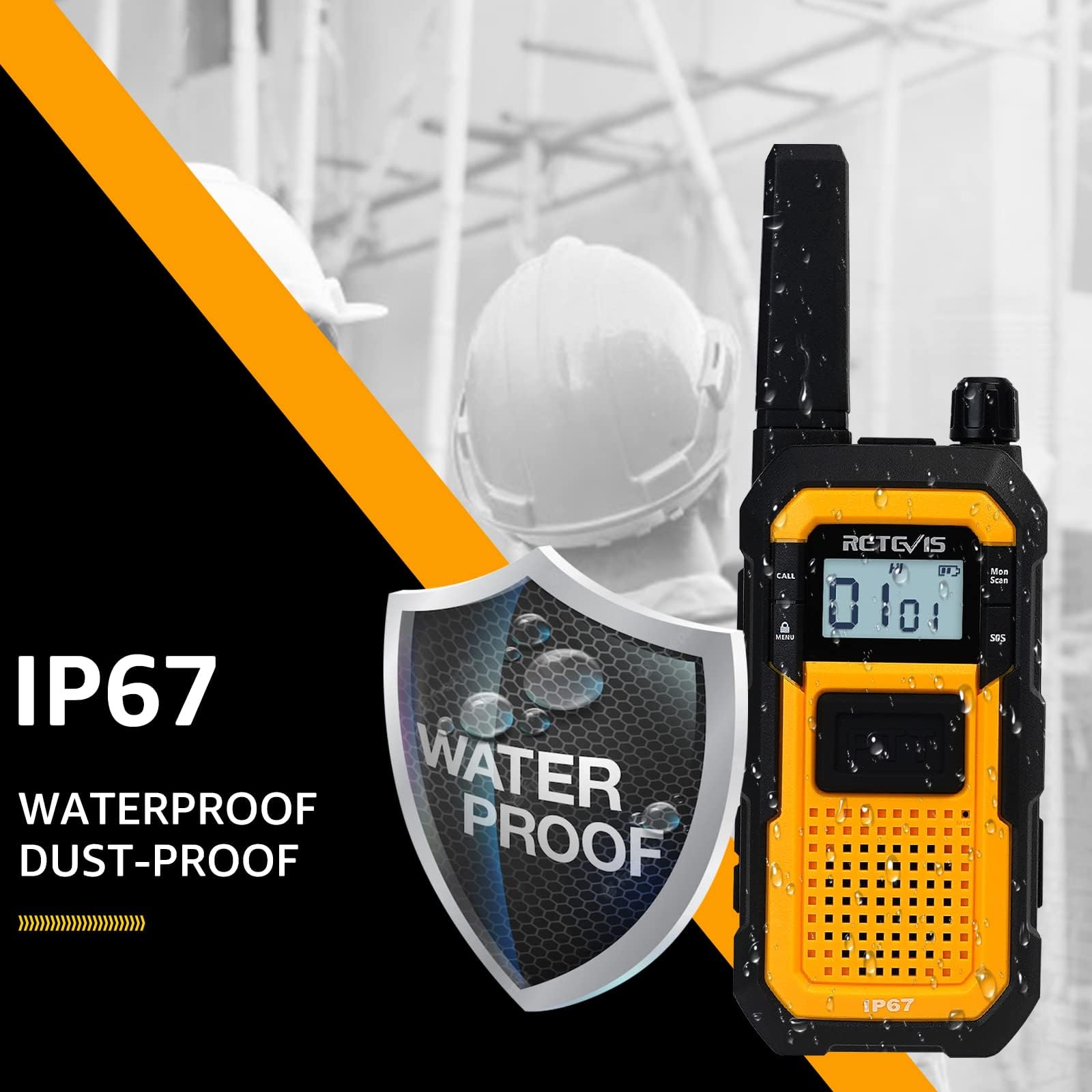 Retevis RB48 Heavy Duty Waterproof Walkie Talkies - 2 Pack Long Range Two Way Radios with 2000mAh Battery, Triple Proof Design for Job Site, Construction, Outdoor Adventures & Emergency Communication (Yellow)