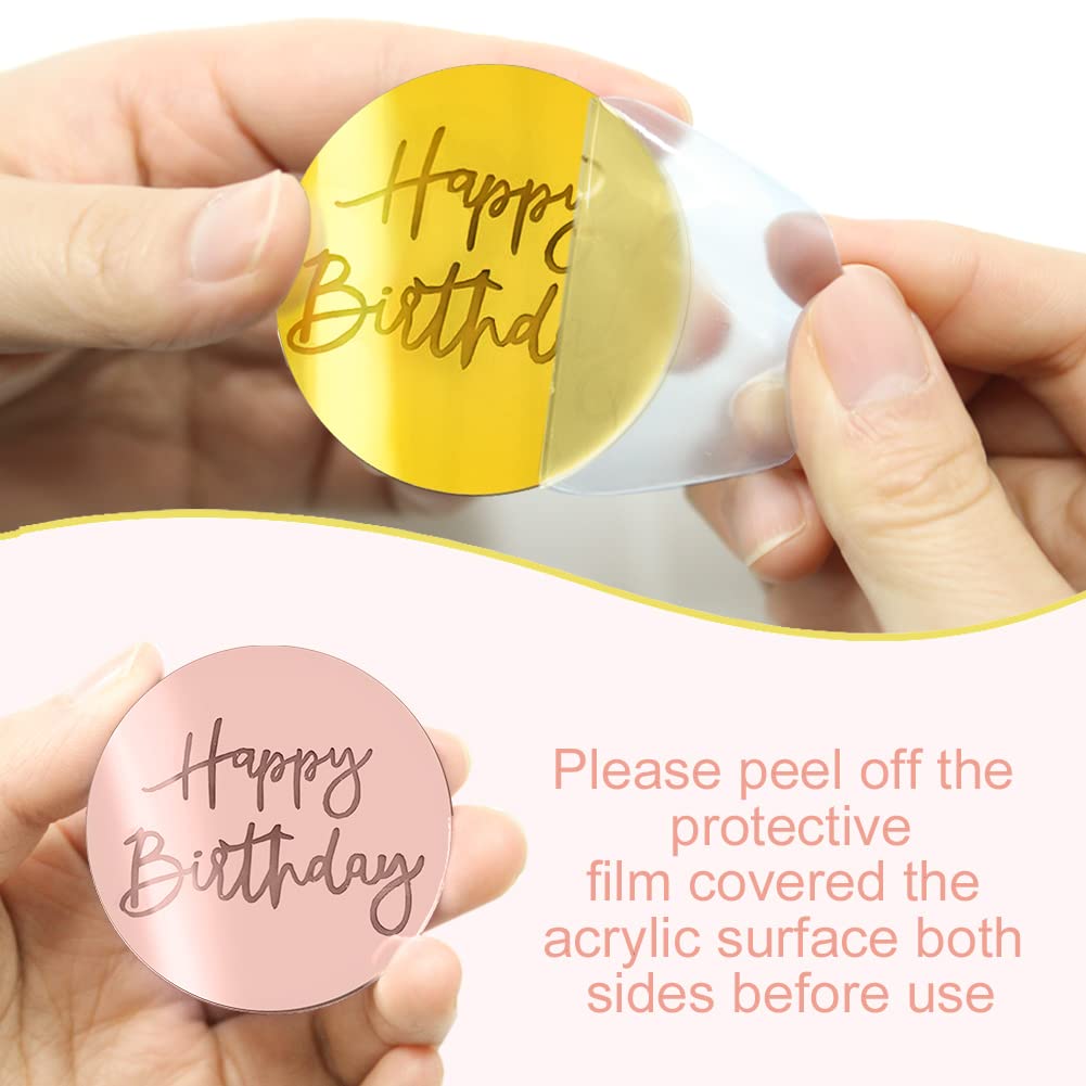 21Pcs Happy Birthday Cake Disc Acrylic Cupcake Toppers Set - Gold Pink Silver Mirror Acrylic Cake Decorations for DIY Birthday Party, Baby Shower & Wedding Celebrations - Perfect for Cupcake, Dessert Table and Cake Decorating