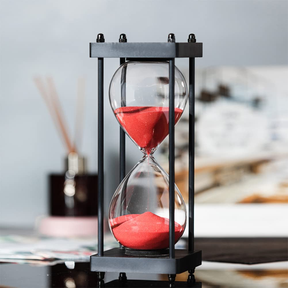 60 Minute Large Hourglass Timer - Decorative Black Frame Sandglass with Red Sand for Home Office Decor, Meditation, Yoga & Kitchen Cooking