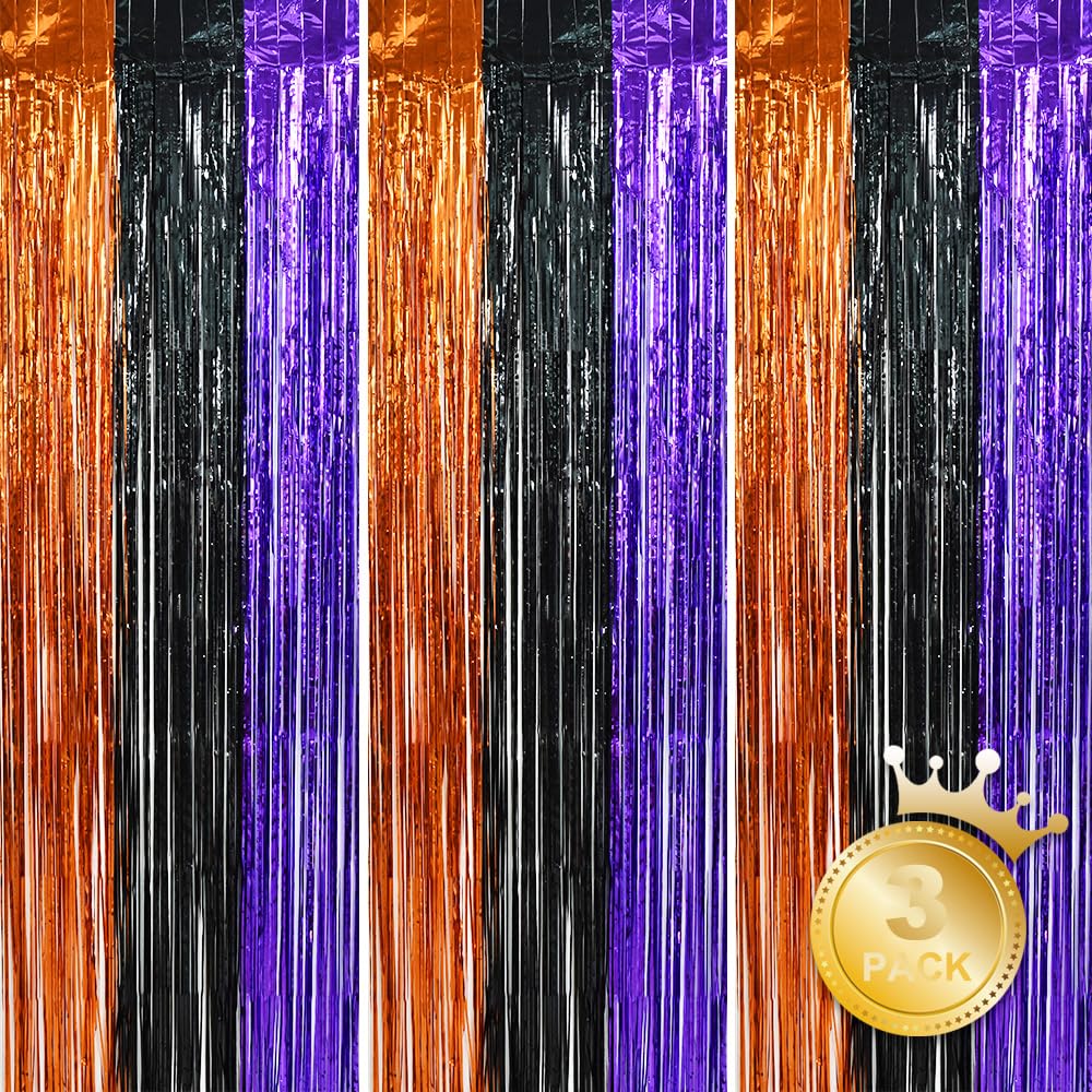 BEISHIDA 3 Pack Tinsel Curtain Party Streamers - Halloween Door Decor, Foil Fringe Backdrop for Parties (3.28ft x 6.56ft) | Orange, Black, Purple | Perfect for Halloween, Birthday, Wedding & Photo Booth Backgrounds