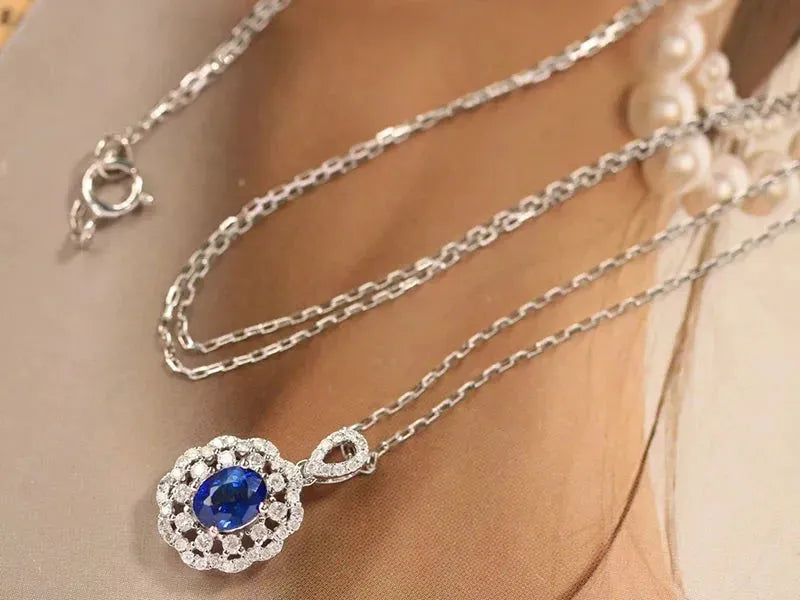18K White Gold Pendant for Women with Natural Blue Sapphire & Shiny Diamonds - Romantic Embroidery Ball Design Wedding Jewelry Gift for Brides, Anniversaries & Special Occasions