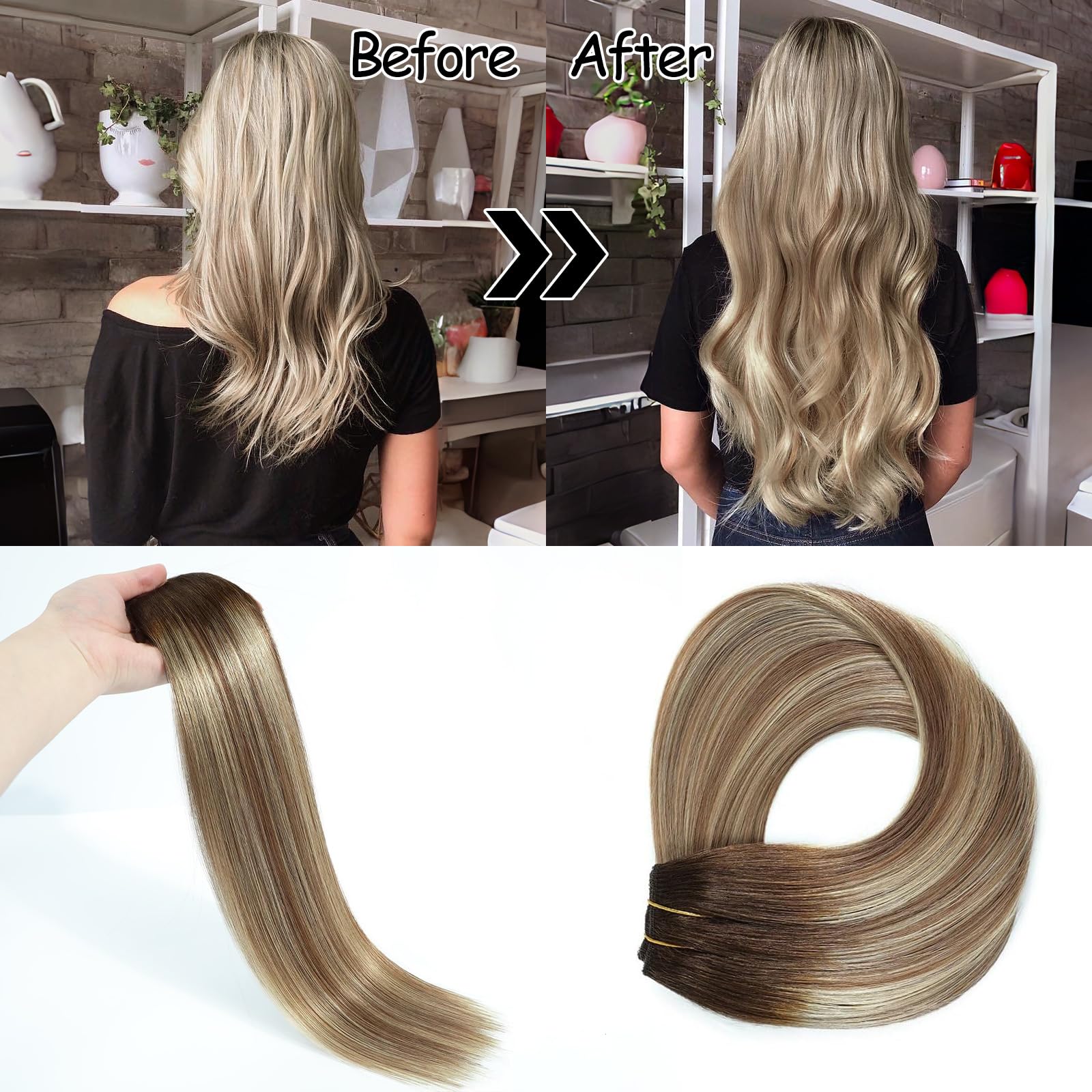 12 Inch Chocolate Brown to Light Brown Blonde Straight Real Human Hair Extensions with Invisible Fish Line Wire - Perfect for Daily Wear, Parties & Special Occasions