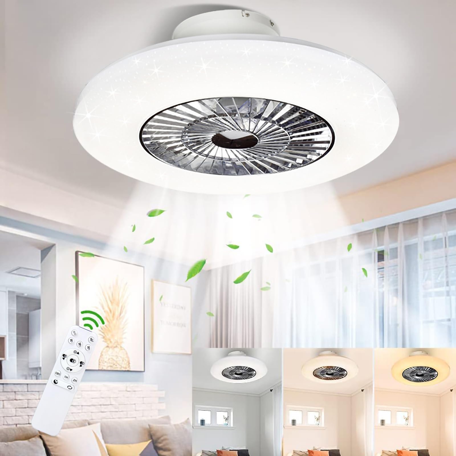 DLLT 40W Modern LED Remote Ceiling Fan with Light Kit - 23 Inch Flush Mount Dimmable Ceiling Fan with 7 Invisible Blades, 3 Speed Settings & Timer, Color Changing Lighting for Bedroom, Living Room, Office