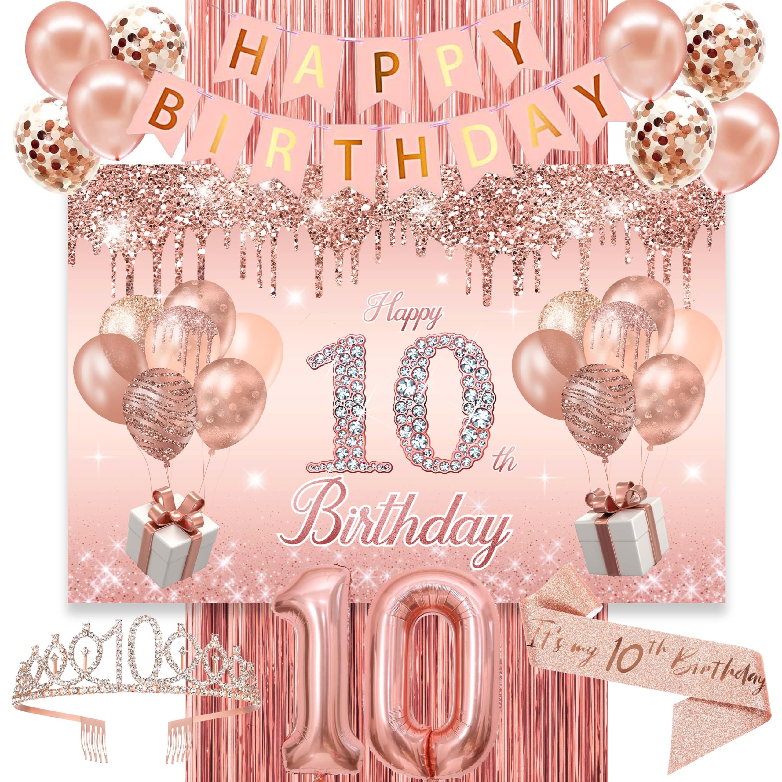 Rose Gold 10th Birthday Party Decorations Set - Happy Birthday Banner, Backdrop, Sash, Tiara & Balloons for Girls' Decade Celebration | Perfect for Birthday Parties, Photo Booths & Milestone Decor