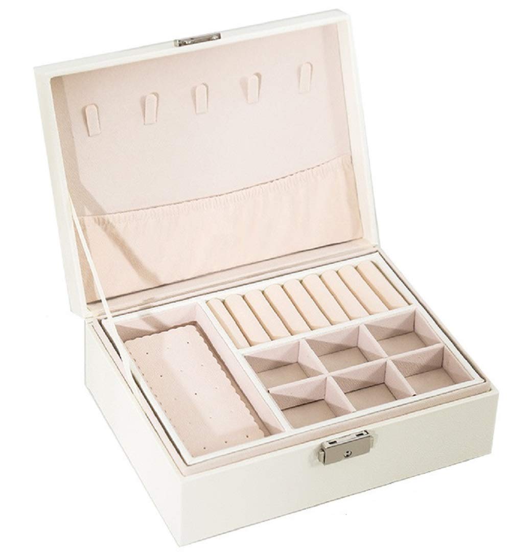 2-Layer Large Lockable Jewelry Box Organizer for Women - Elegant White Jewelry Storage Case for Earrings, Rings, Necklaces - Perfect Gift & Display Jewelry Holder for Bedroom, Dresser, Travel