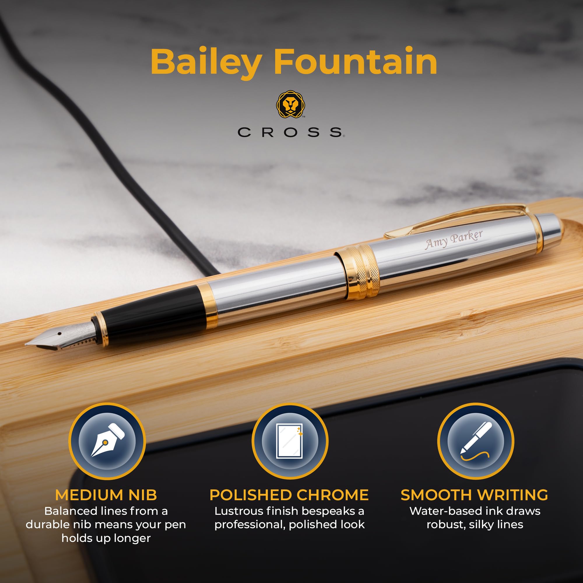 Engraved Cross Bailey Medalist Fountain Pen - Personalized Professional Gift with Medium Nib, Starter Ink & Gift Box | Perfect for Graduation, Anniversary & Executive Gifts