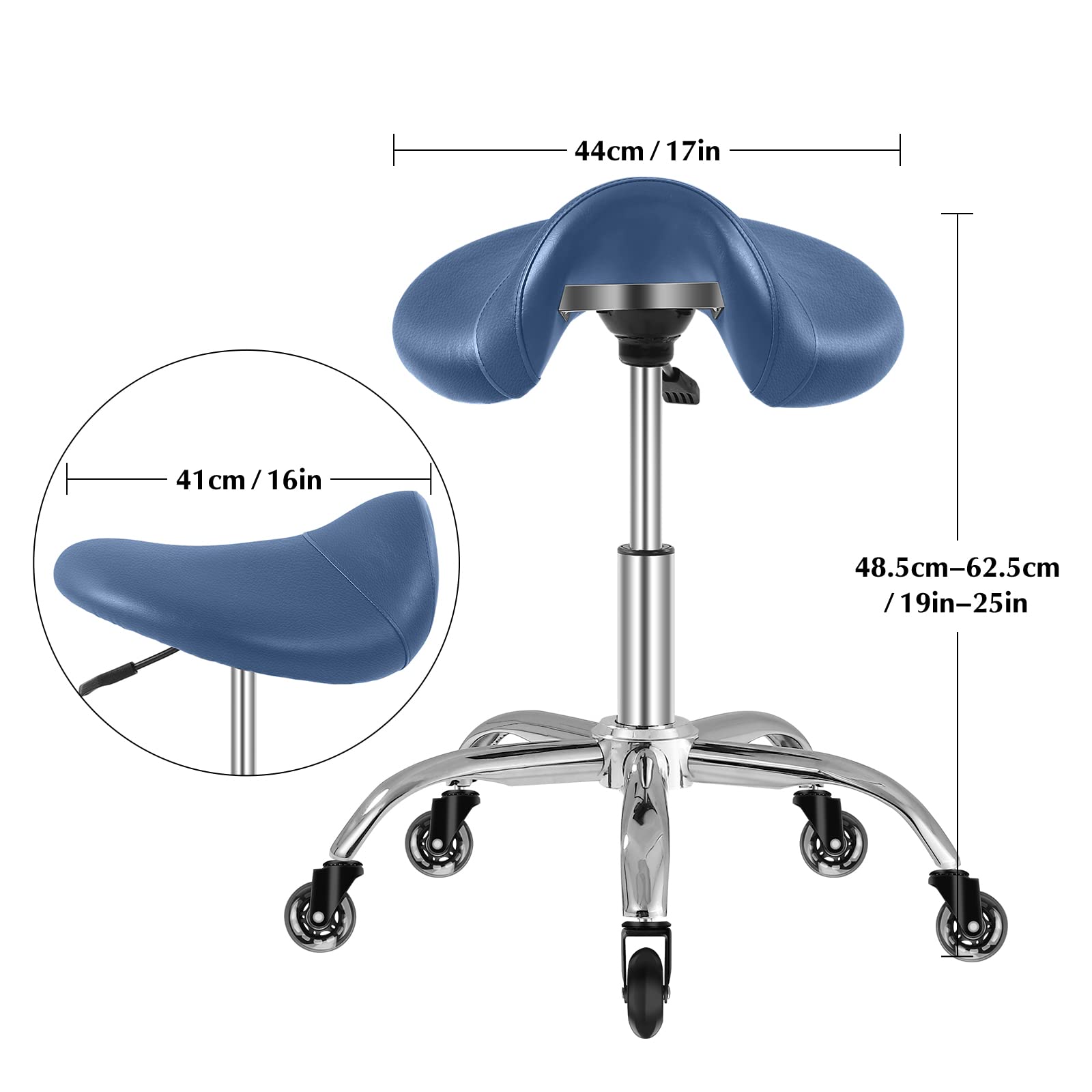Heavy Duty Rolling Saddle Stool with Wheels - 300 lbs Weight Capacity, Adjustable Height, 360° Swivel & Wide Thick Seat Padding - Perfect for Medical, Massage, Salon, Kitchen, Spa, Drafting & Nail Tech Use (Blue)