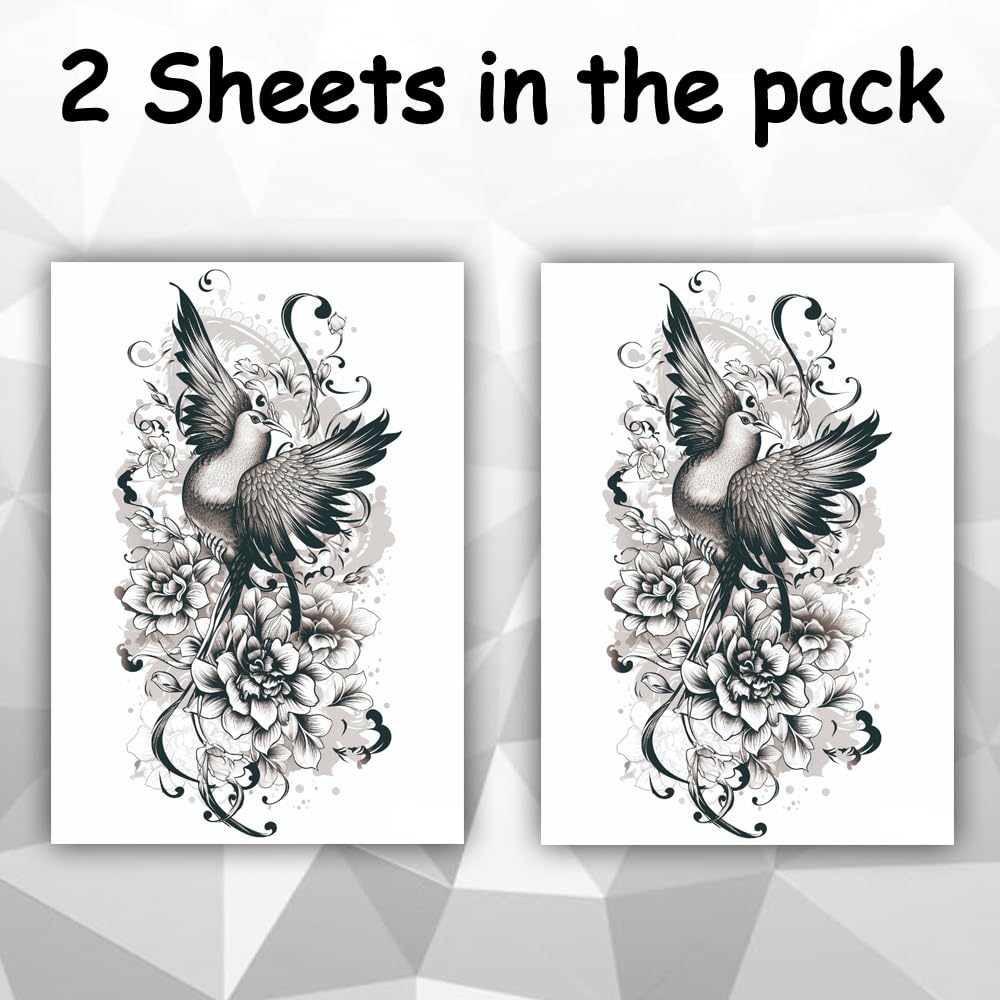 Realistic Majestic Bird & Floral Temporary Tattoo Stickers (2PCS) - Waterproof Fake Tattoos for Men & Women, 22x15 cm - Perfect for Parties, Festivals & Body Art Enthusiasts