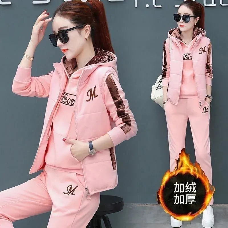2024 Women's Winter Warm 3-Piece Tracksuit Set - Thick Fleece Hoodie, Waistcoat & Pants for Casual Outfits | Cozy Fall & Winter Loungewear, Gym, Travel & Everyday Wear