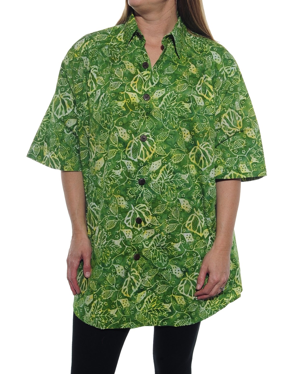 WeBeBop Plus Size Green Arcane Leaves Batik Handmade Tunic Top for Women - Boho Chic Flowy Blouse for Casual Wear, Vacations & Beach Outfits