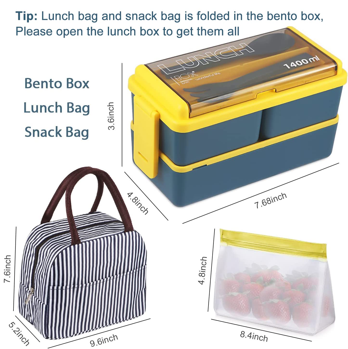 NatraProw 3-Compartment Stackable Bento Box Set - 47.35oz Adult Lunch Box with Lunch Bag, Snack Bag & Utensils - Microwave & Dishwasher Safe - Perfect for Office, School, Picnics & Meal Prep (Blue)