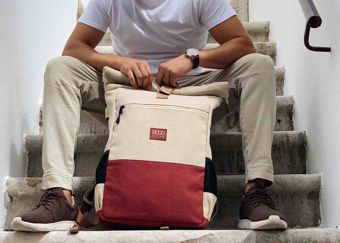 Eco-Friendly Vegan Hemp Backpack for Women & Men - Lightweight Beige & Red Casual Daypack for College, Travel, Hiking & Everyday Use