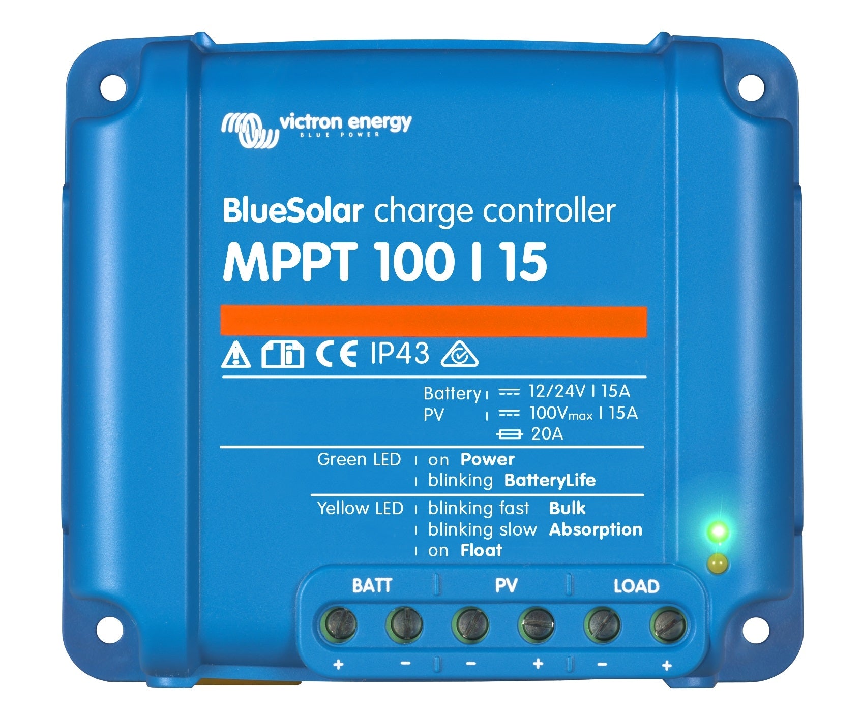 Victron Energy BlueSolar MPPT 100/15 12V/24V Solar Charge Controller - 15A Max Input - Waterproof & Efficient for RVs, Boats, Off-Grid Systems | SCC010015200R | Perfect for Solar Panel Charging in Camping, Marine & Remote Power Applications