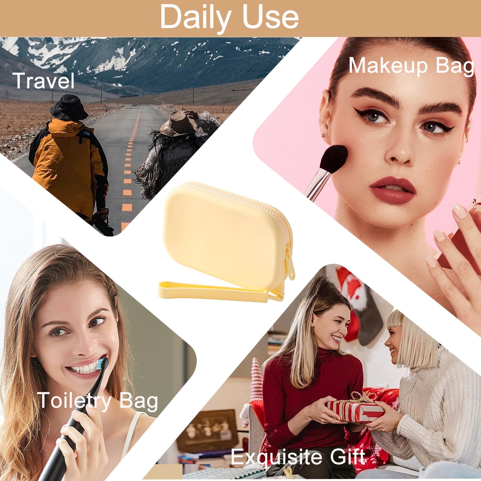 Portable Silicone Makeup Bag for Women - Small Waterproof Travel Toiletry Cosmetic Organizer with Zipper Closure & Handle (Yellow) - Perfect for Gym, Beach, Camping & Daily Essentials Storage
