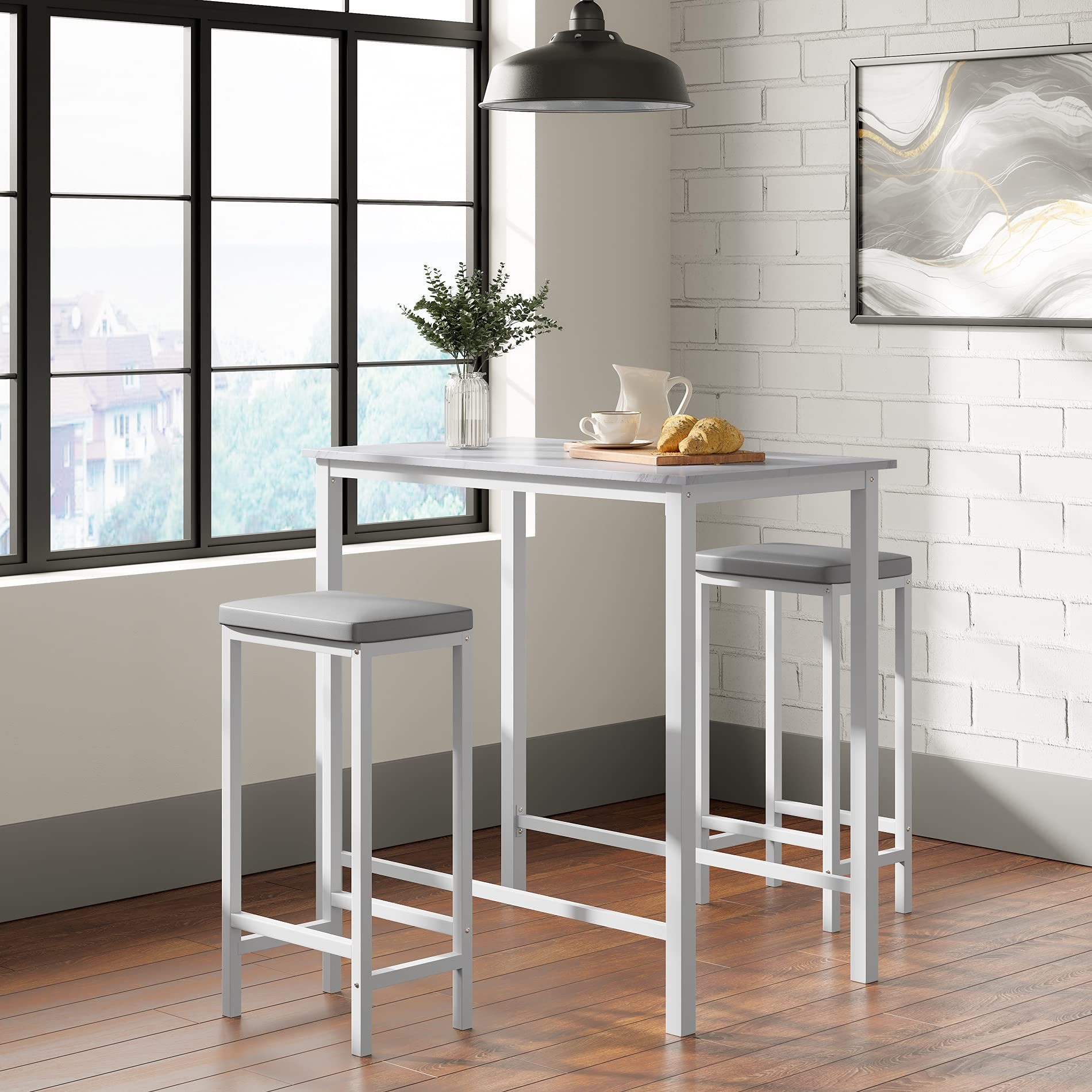 White Bar Height Dining Table Set for 2 - 3-Piece Pub Counter Height Kitchen Table with 2 Backless Cushioned Stools - Faux Marble Breakfast Nook for Small Spaces & Apartments - Perfect for Kitchen, Dining Room, or Breakfast Nook Decor