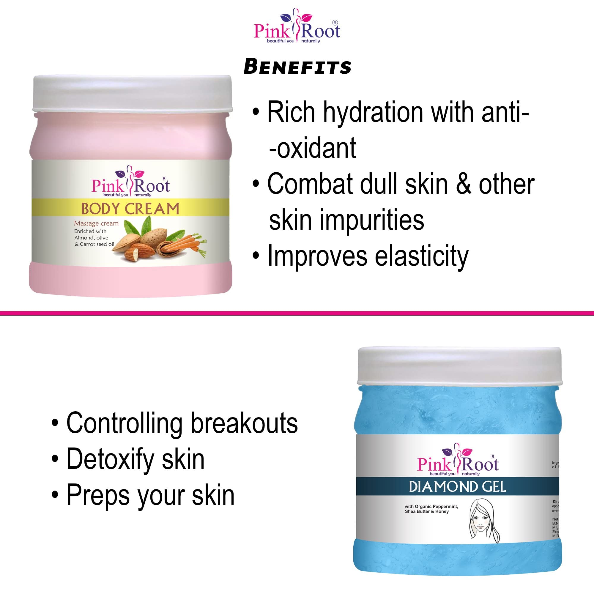 Pink Root Body Massage Cream & Diamond Gel Set - 500gm Each | Deep Tissue Relaxation, Muscle Pain Relief, Spa & Home Massage Therapy