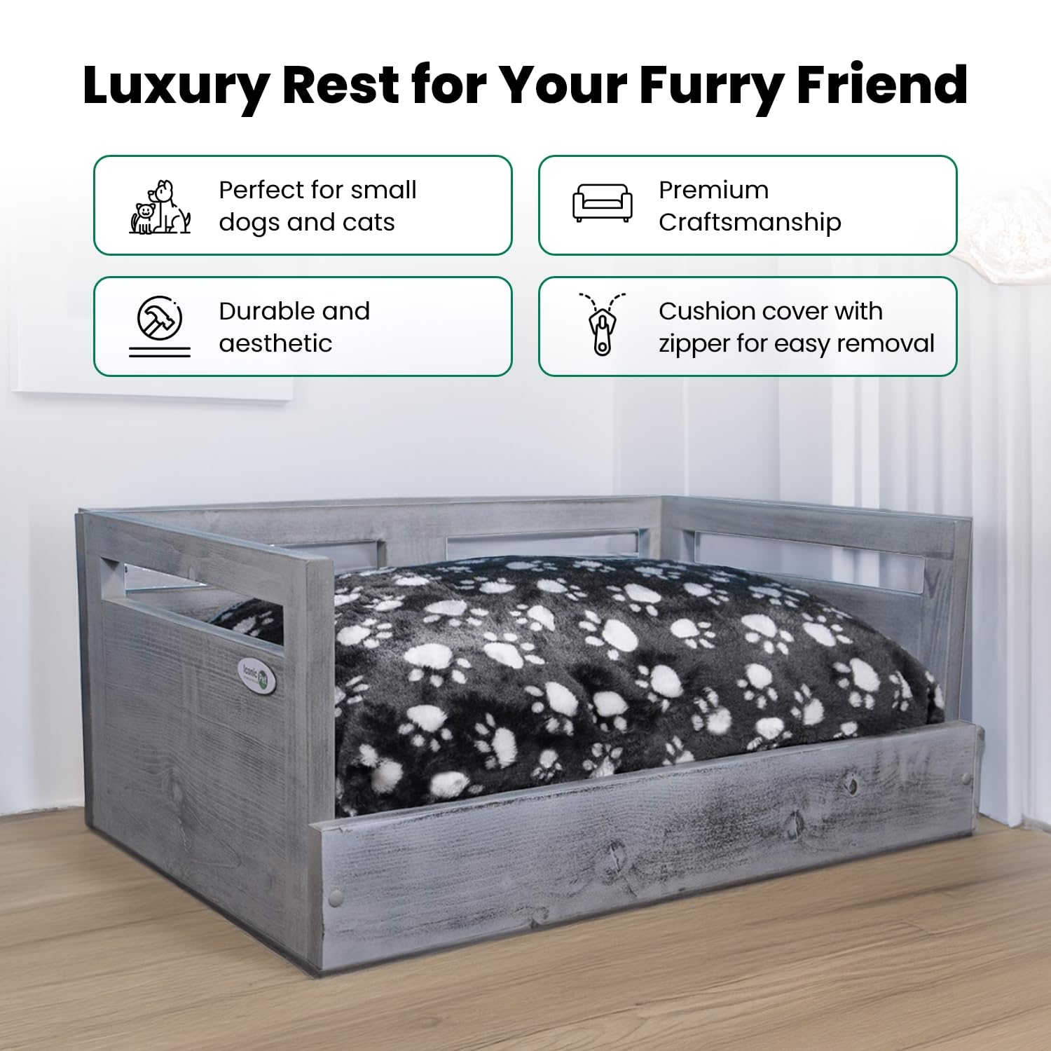 **Premium Wooden Pet Bed with Paw Print Cushion - Antique Gray Dog & Cat Bed in Multiple Sizes - Cozy & Durable for Indoor & Outdoor Use**