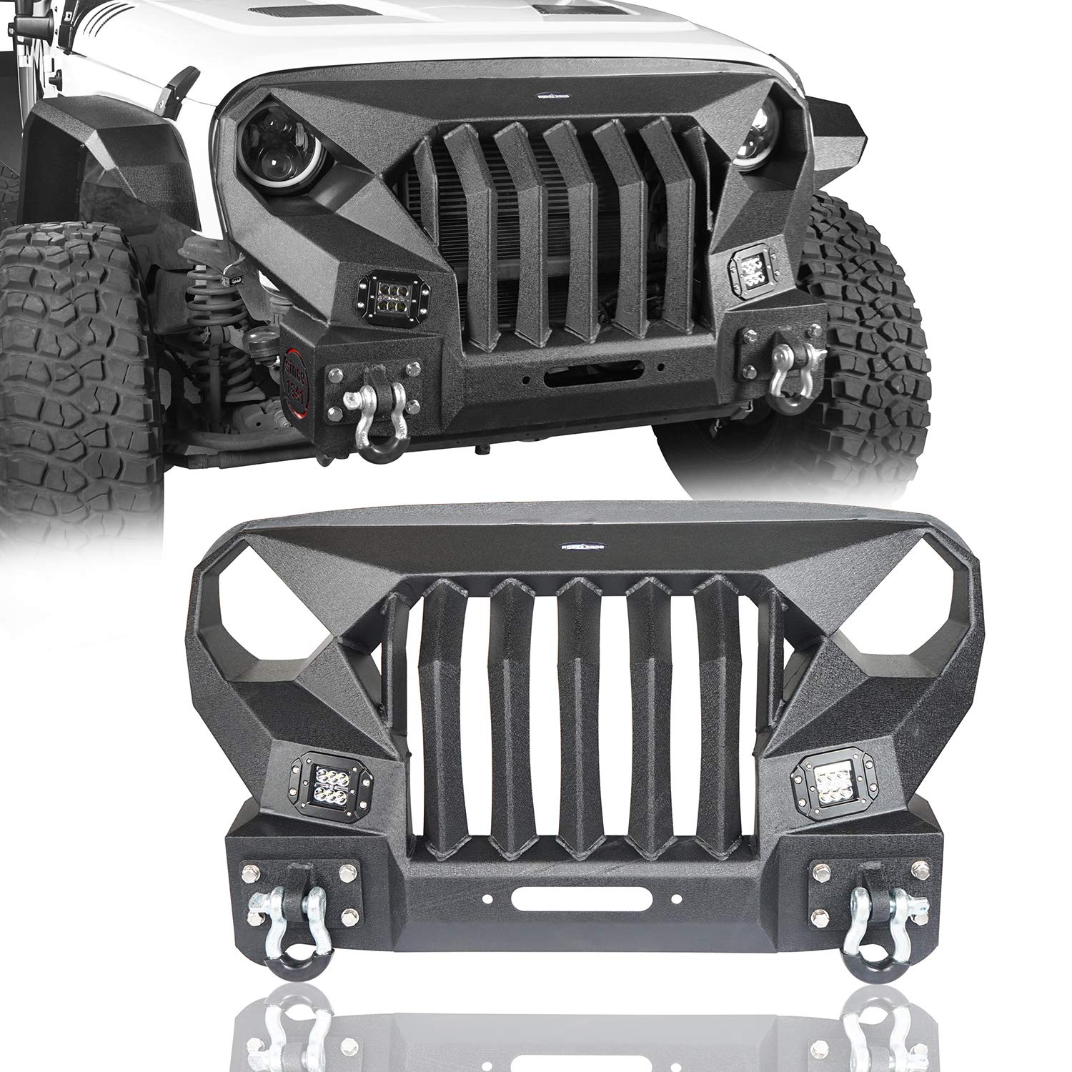 Jeep Wrangler JK Front Bumper Grill & Windshield Frame Cover Visor (2007-2018) - Textured Black with LED Lights | Off-Road Protection & Style Upgrade