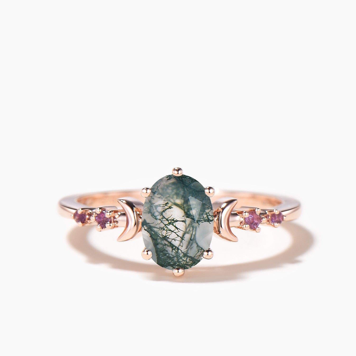 Natural Moss Agate & Amethyst Oval Cut Crescent Moon Ring for Women - Elegant Bridal Jewelry, Wedding Band, Boho Engagement Ring, Spiritual Gift for Her