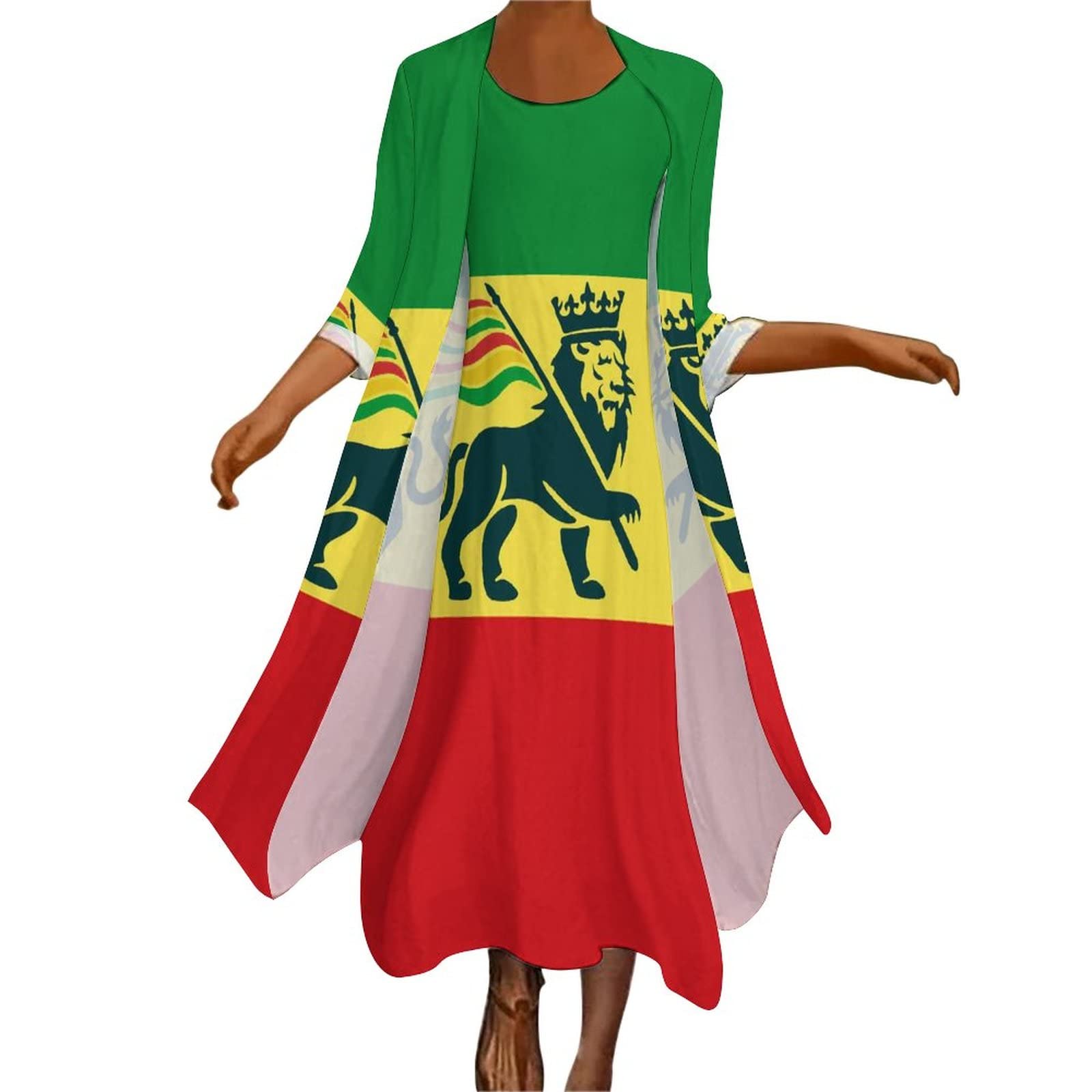 BAIKUTOUAN Ethiopian Rastafarian Lion Flag Women's 2-Piece Maxi Dress Set with Long Sleeves Cape Jacket - Elegant African Print Outfit for Party, Wedding Guest, Evening Prom & Cultural Events