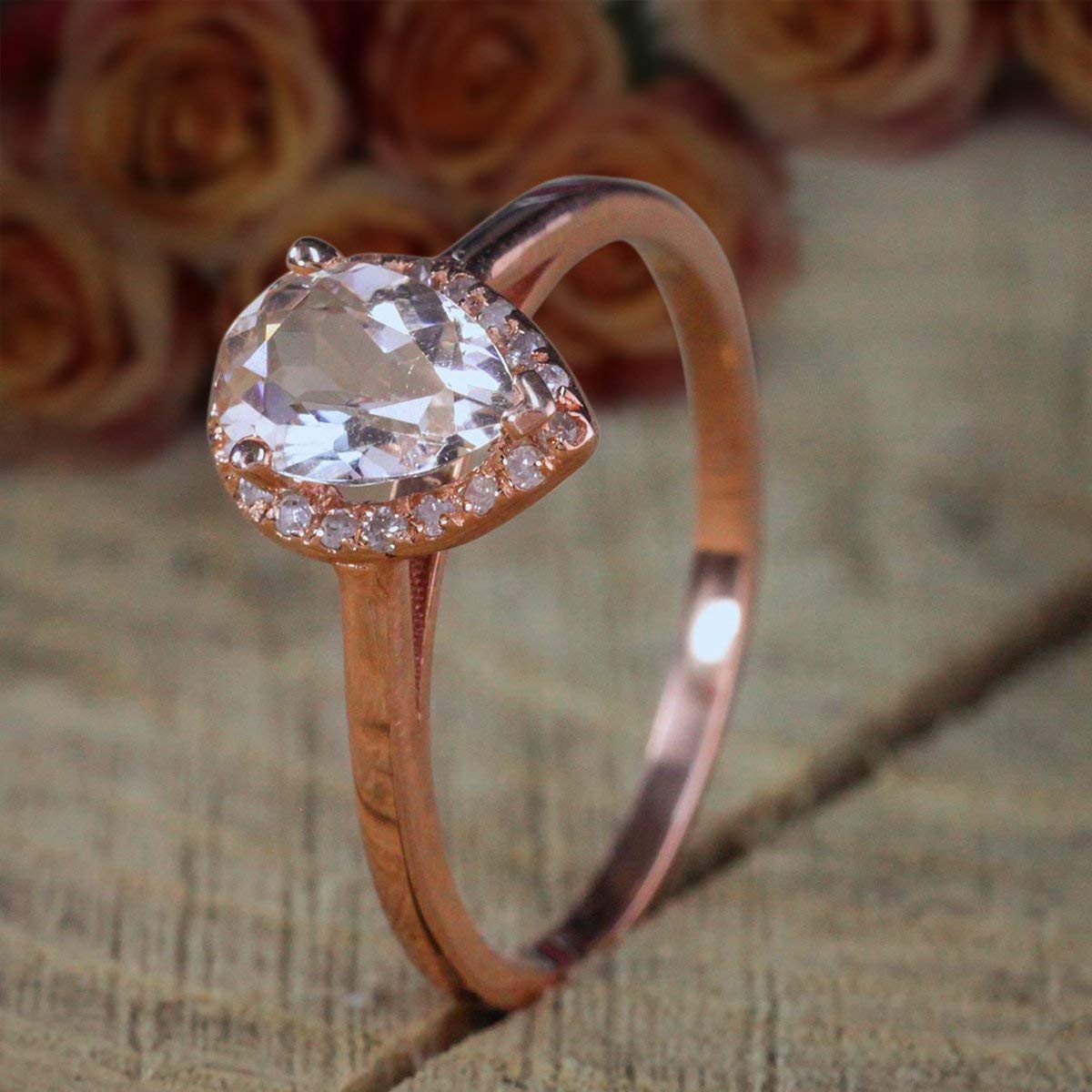 1.25 Carat Pear Cut Solitaire Morganite & Diamond Halo Engagement Ring in 18k Gold Plating - Elegant Proposal & Wedding Jewelry for Her