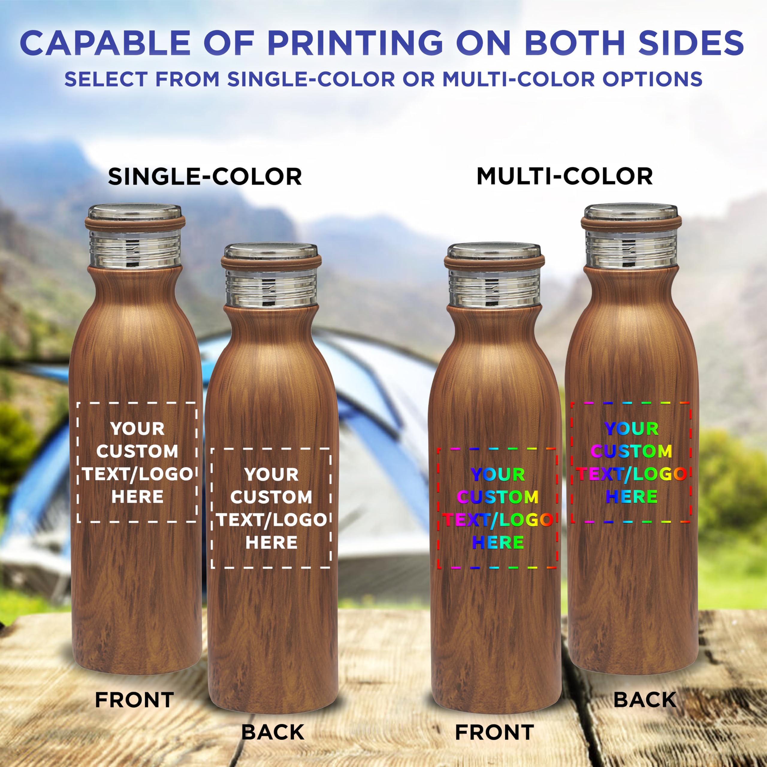 Echo 20 oz Custom Stainless Steel Water Bottles Set of 6 - Personalized Bulk Pack with Double Wall Insulation - Ideal for Coffee, Tea, Soda & Cold Drinks - Perfect for Office, Gym, Hiking & Outdoor Activities - Wood Lid Design