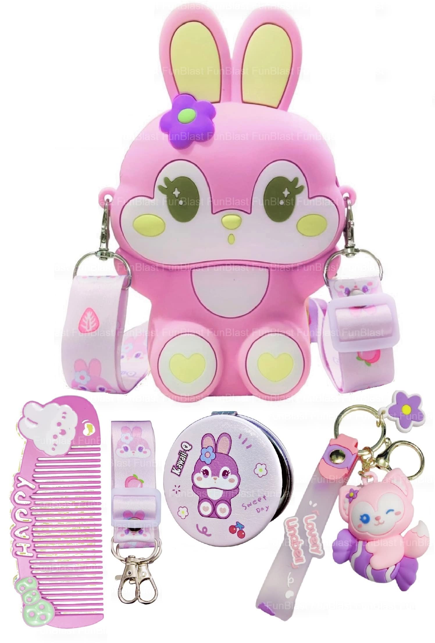 FunBlast Bunny Sling Bag for Girls - Cute Korean Design Mini Purse with Key Ring, Comb & Mirror, Adjustable Crossbody Strap - Perfect for School, Travel & Daily Use