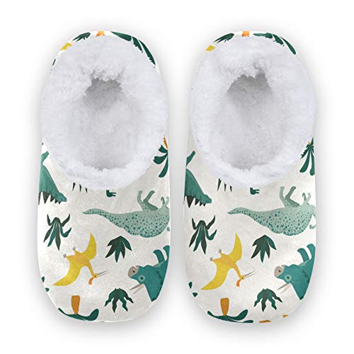 Dinosaur Print Fleece House Slippers for Women & Men - Cozy Indoor/Outdoor Home Shoes (US 7-8) - Perfect for Winter Comfort, Lounge Wear & Gift Giving