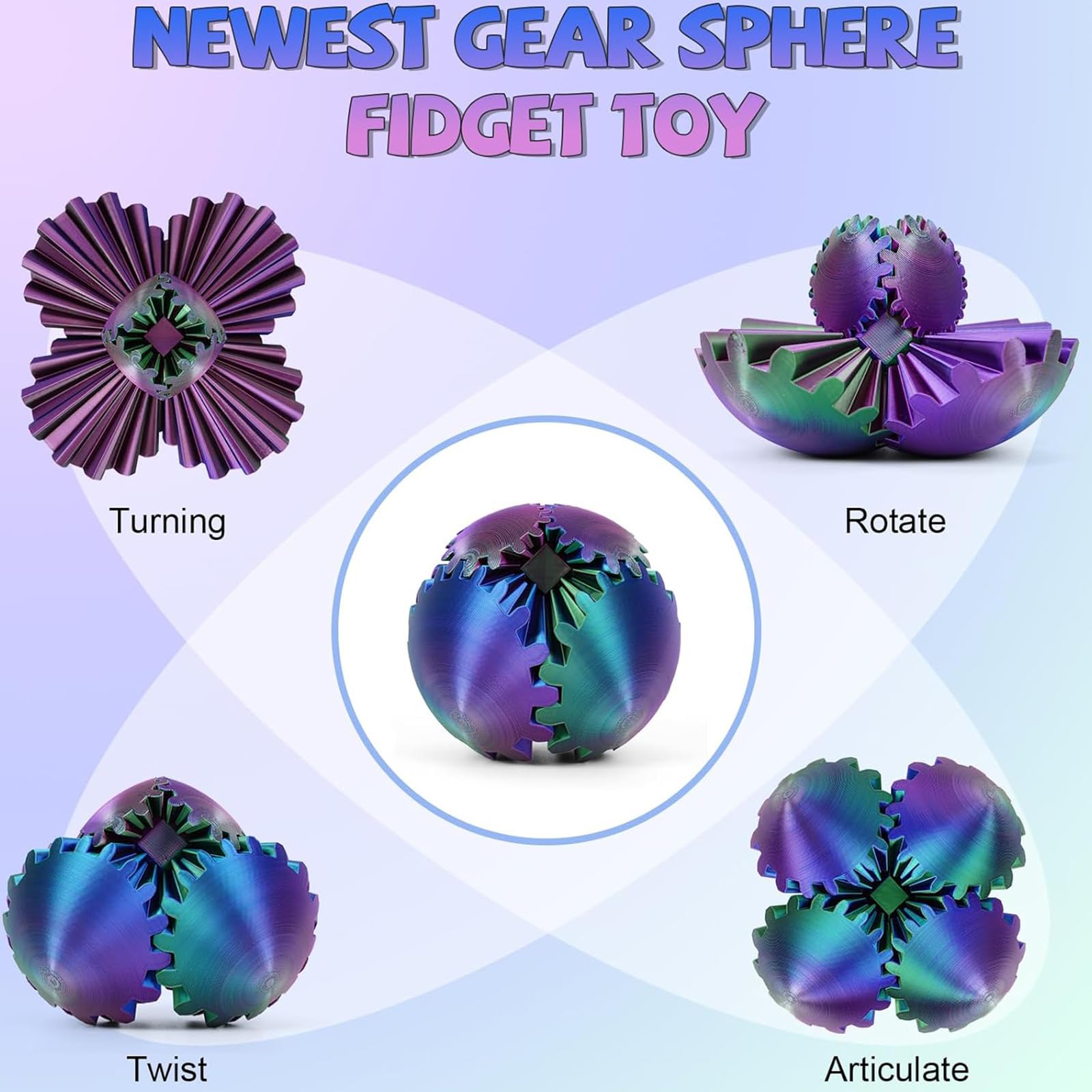 3D Printed Gear Sphere Fidget Toy - Stress Relief & Anxiety Relaxation Ball - Spin Cube Desk Toy for Adults & Kids - Perfect for Office, School, and Travel Use
